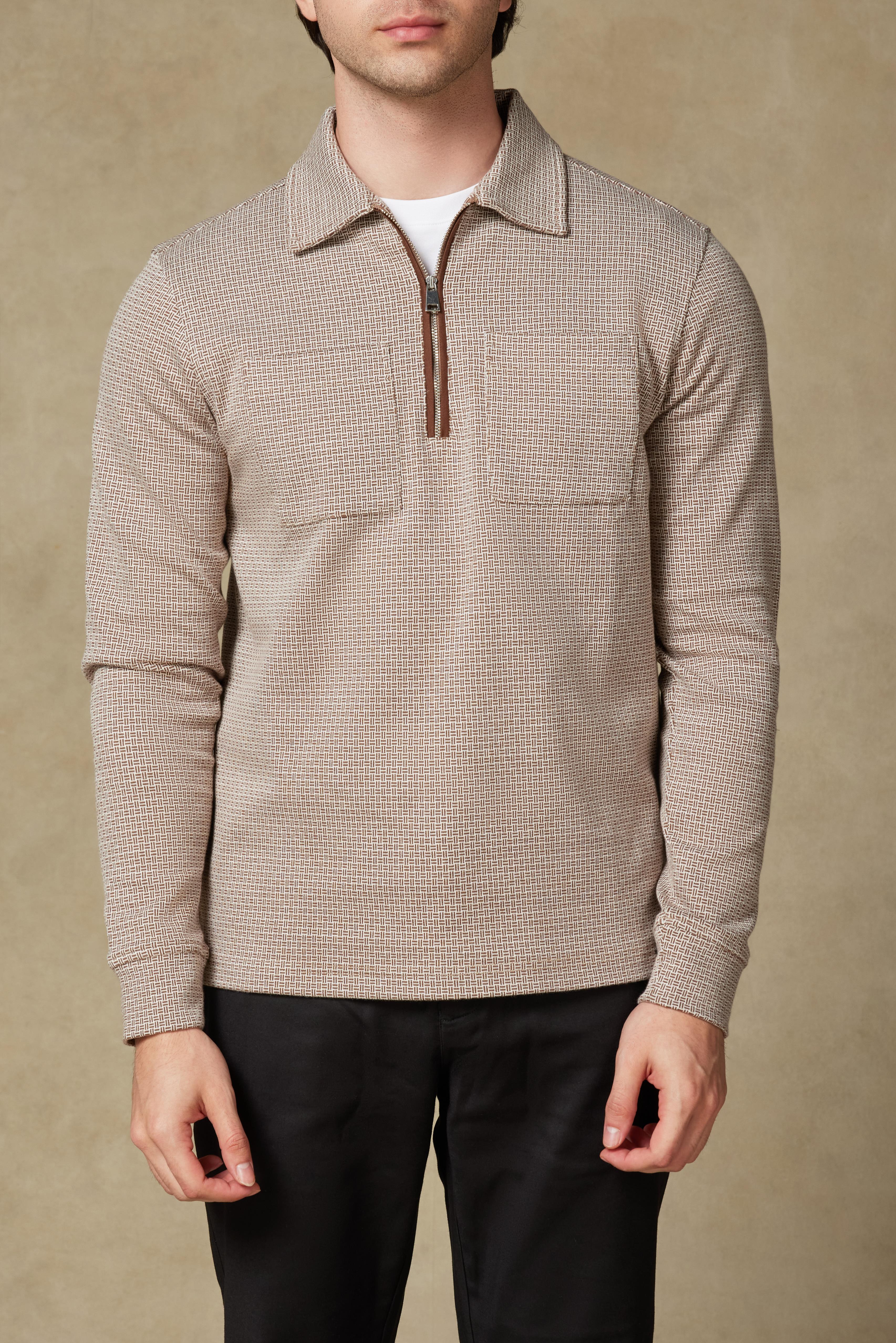 Abbate Milo Örme Kumaş Pamuklu Modern Fit Kahverengi Polo Yaka Erkek Desenli Sweatshirt