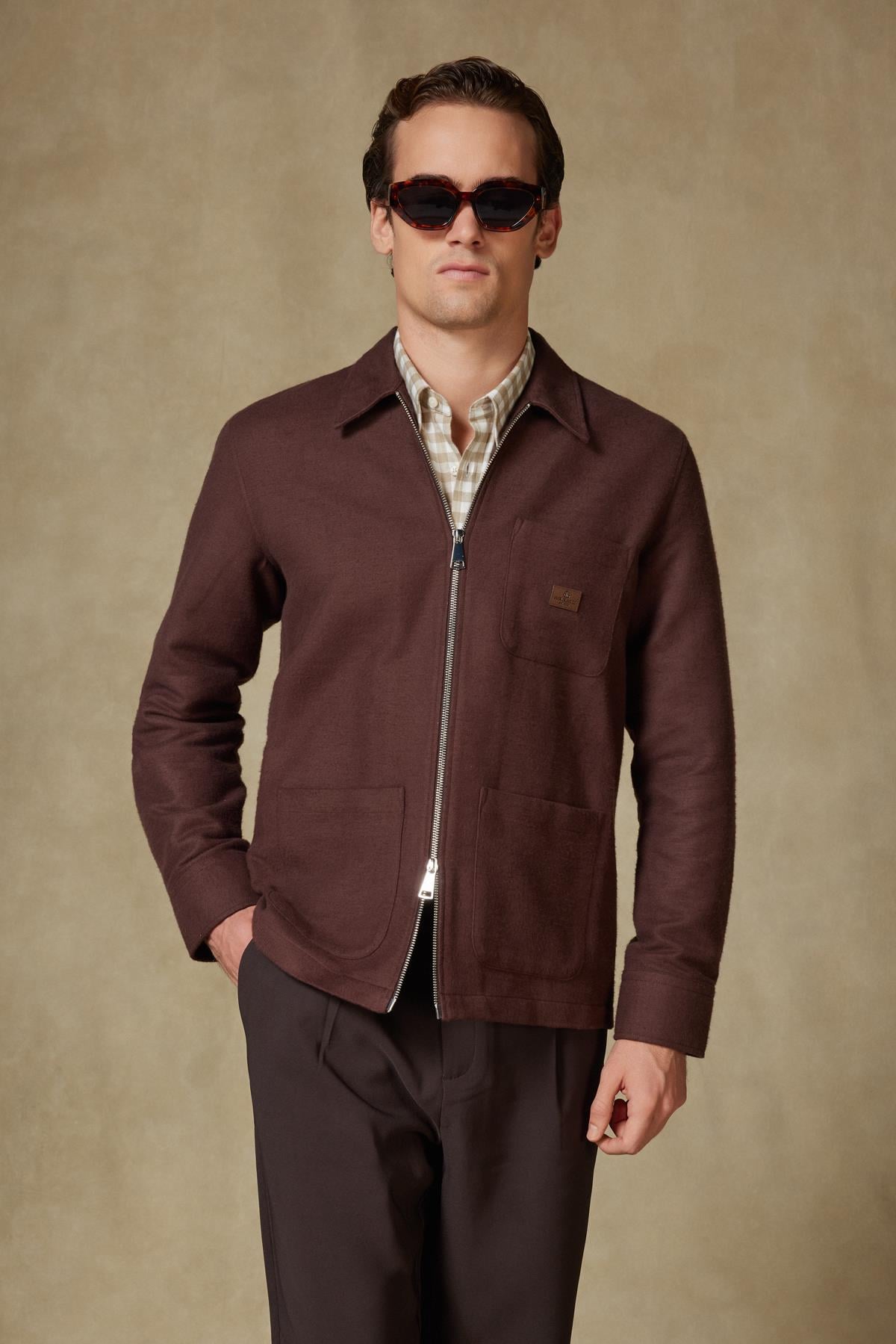 Abbate Monza Flanel Pamuklu Overshirt Fit Kahverengi Klasik Yaka Erkek Düz Overshirt