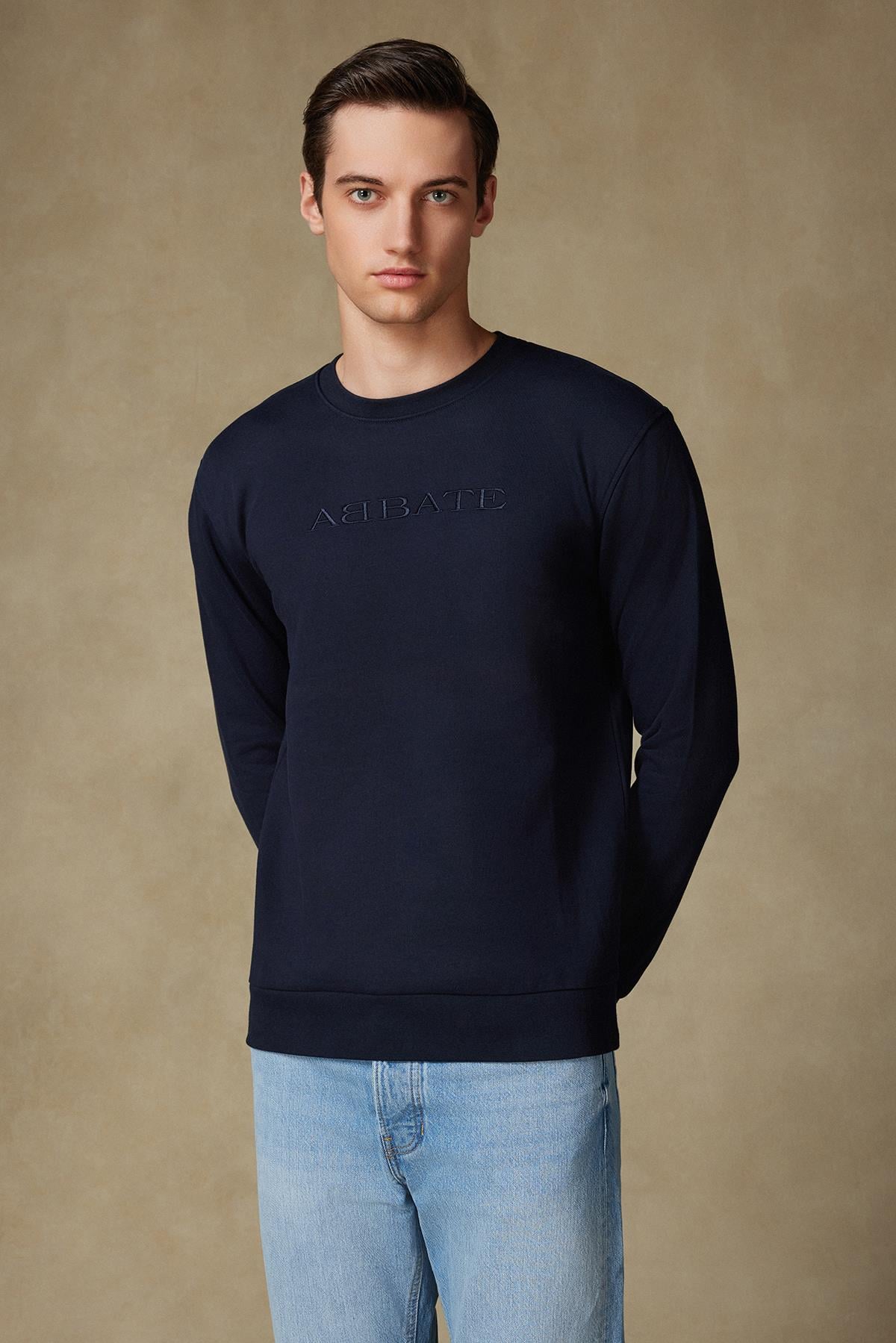 Abbate Sweatshirt Örme Kumaş Pamuklu Comfort Fit Lacivert Bisiklet Yaka Erkek Nakışlı Sweatshirt