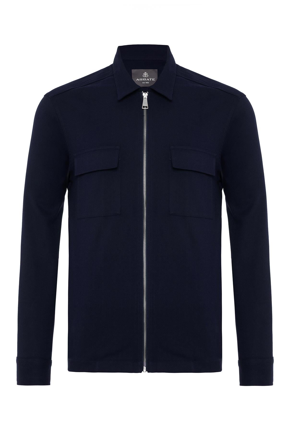 Abbate Verso Twill Overshirt Polyviskon Karışımlı Overshirt Fit Lacivert Klasik Yaka Erkek Çizgili Gömlek
