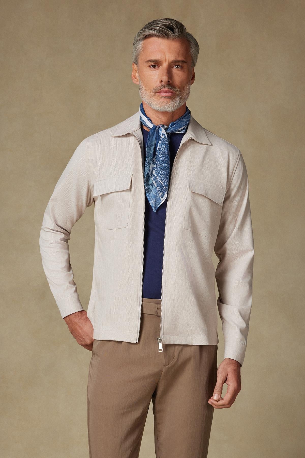 Abbate Verso Twill Overshirt Polyviskon Karışımlı Overshirt Fit Bej Klasik Yaka Erkek Çizgili Gömlek