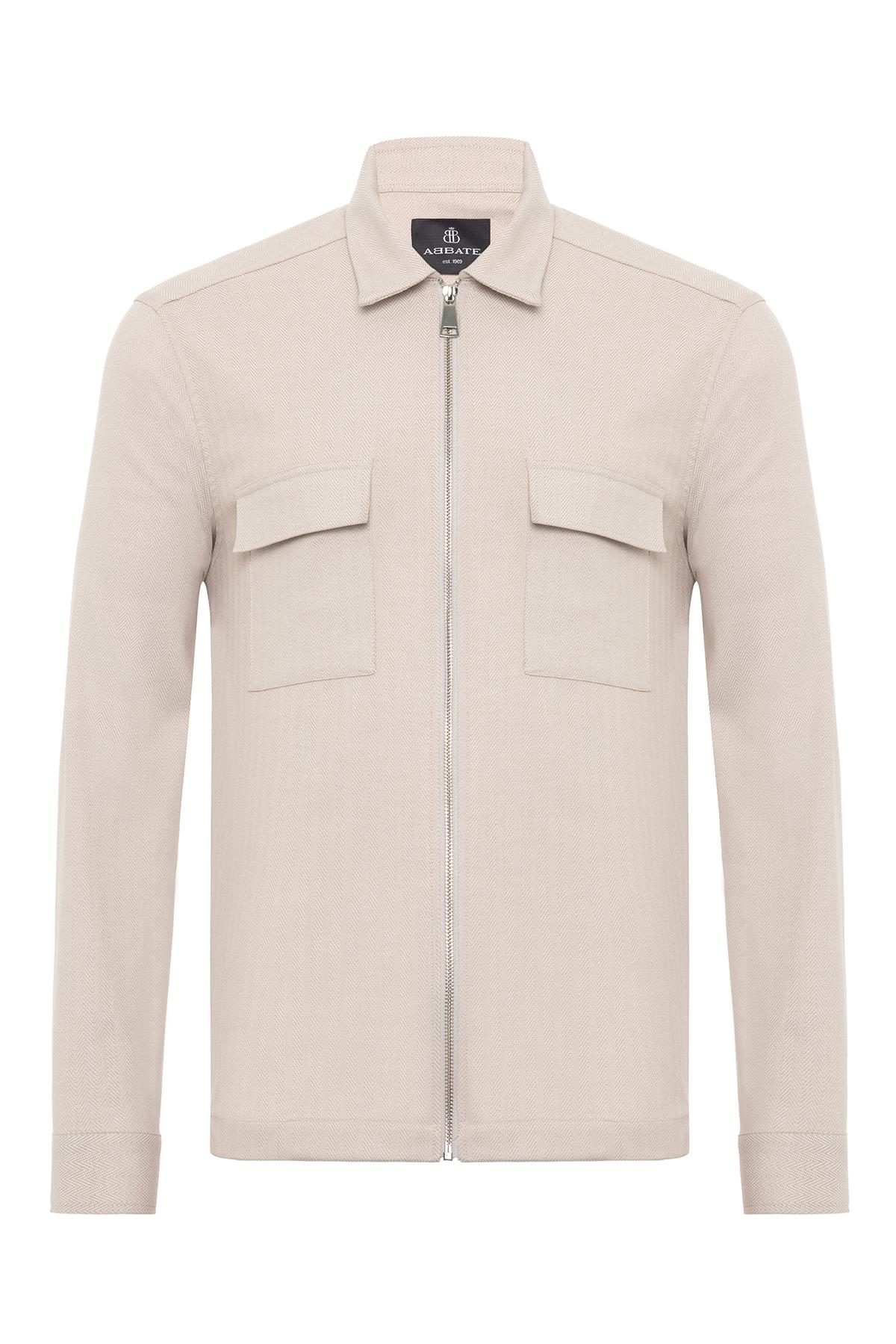 Abbate Verso Twill Overshirt Polyviskon Karışımlı Overshirt Fit Bej Klasik Yaka Erkek Çizgili Gömlek
