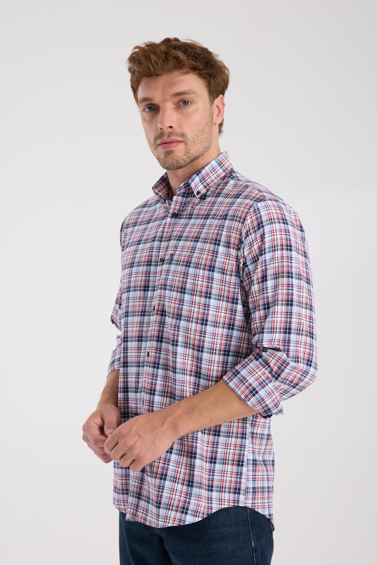 AClub AC10084 Poplin Pamuklu Regular Fit Kırmızı Düğmeli Yaka Erkek Kareli Gömlek