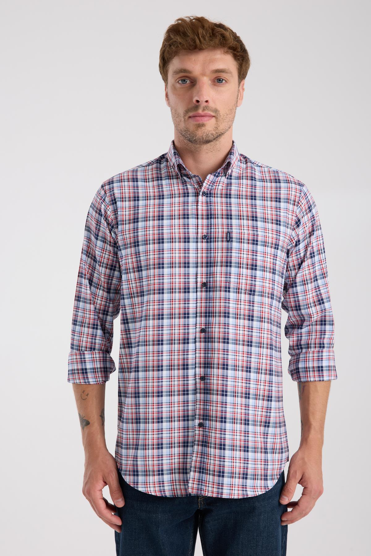 AClub AC10084 Poplin Pamuklu Regular Fit Kırmızı Düğmeli Yaka Erkek Kareli Gömlek