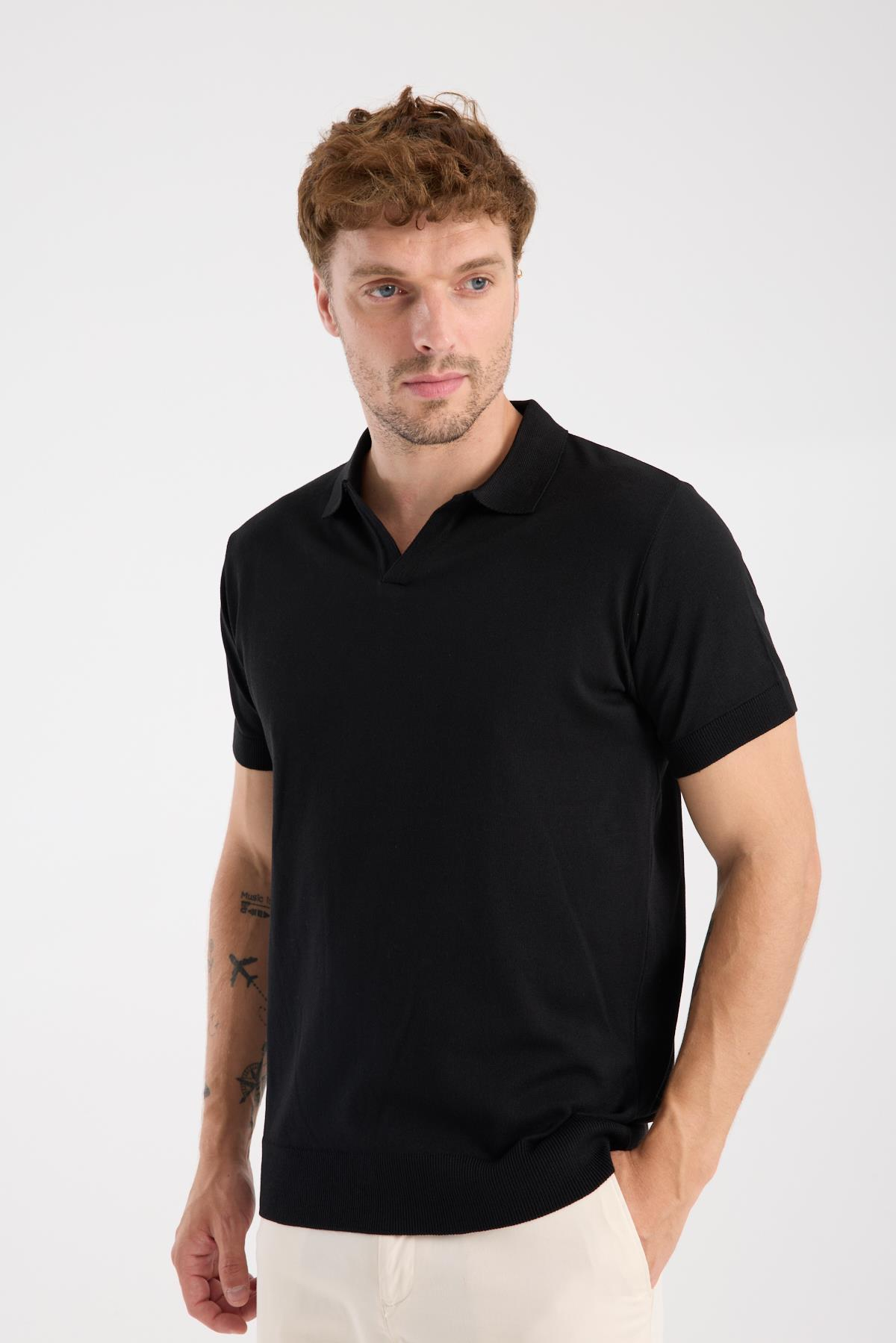 AClub Alfa Örme Kumaş Viskon Karışımlı Slim Fit Siyah Polo Yaka Erkek Düz Polo Shirt