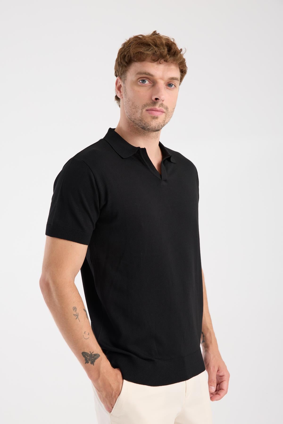 AClub Alfa Örme Kumaş Viskon Karışımlı Slim Fit Siyah Polo Yaka Erkek Düz Polo Shirt