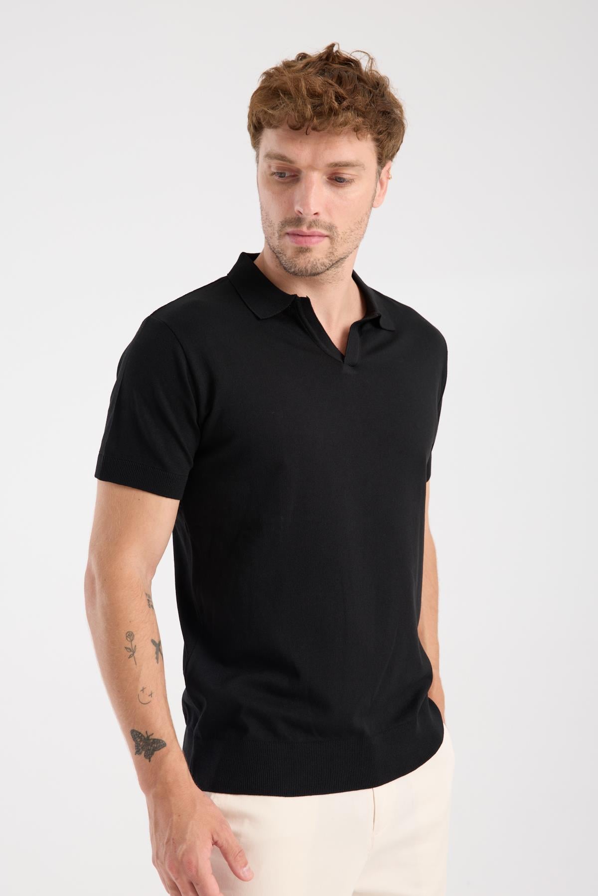 AClub Alfa Örme Kumaş Viskon Karışımlı Slim Fit Siyah Polo Yaka Erkek Düz Polo Shirt