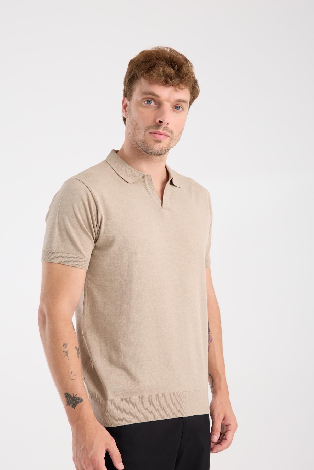 AClub Alfa Örme Kumaş Viskon Karışımlı Slim Fit Vizon Polo Yaka Erkek Düz Polo Shirt