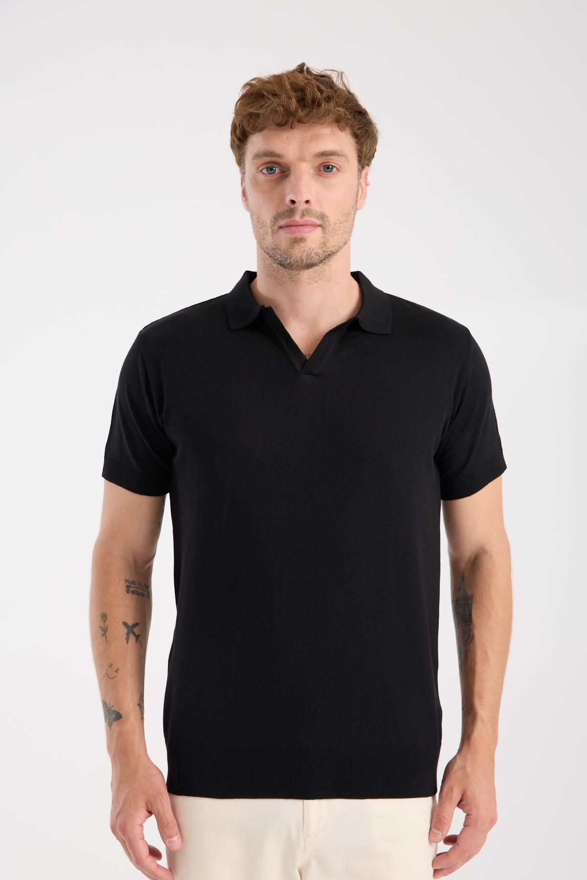 AClub Alfa Örme Kumaş Viskon Karışımlı Slim Fit Siyah Polo Yaka Erkek Düz Polo Shirt