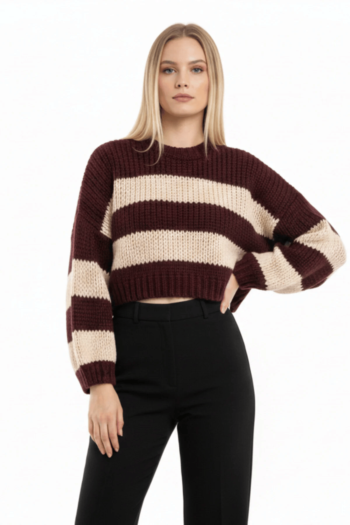 Bordo Ekru Çizgili Crop Triko Kazak - Kalın Örgü Oversize Yumuşak Dokulu Kışlık Kazak