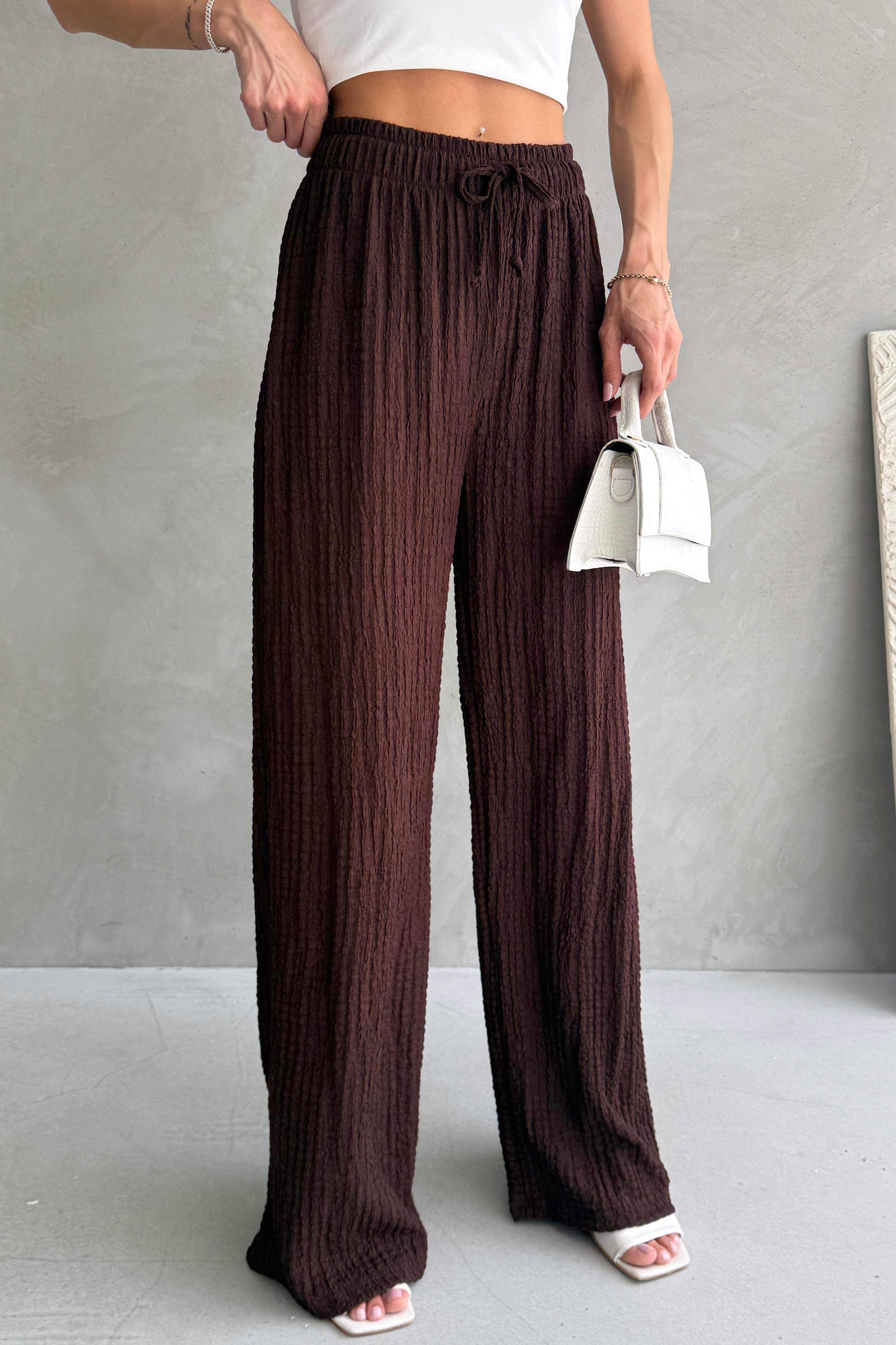 Cepli Pileli Rahat Örme Palazzo Kahverengi  Pantolon