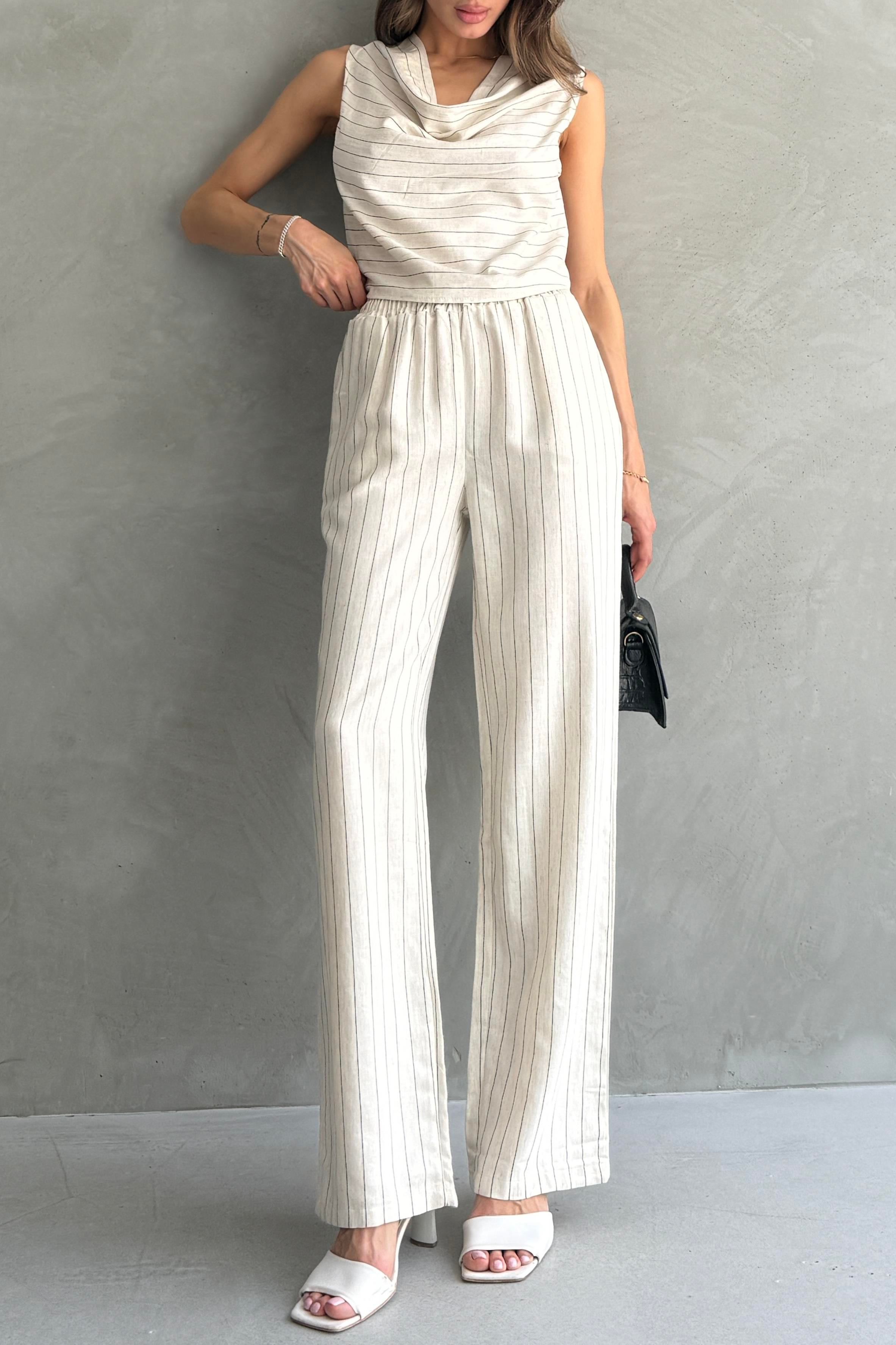 Drape Detaylı Çizgili Keten Bluz Pantolon Takımı