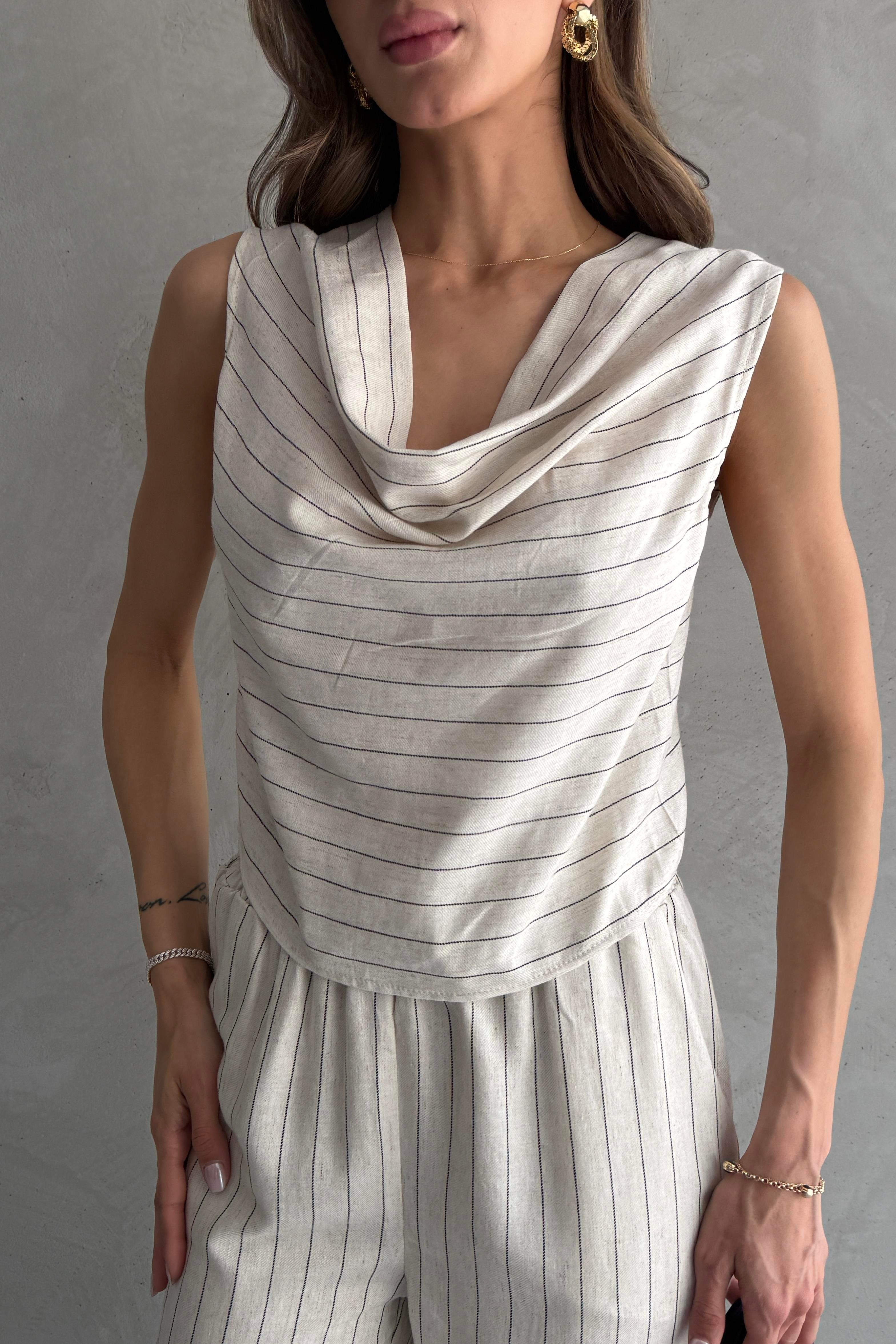 Drape Detaylı Çizgili Keten Bluz Pantolon Takımı