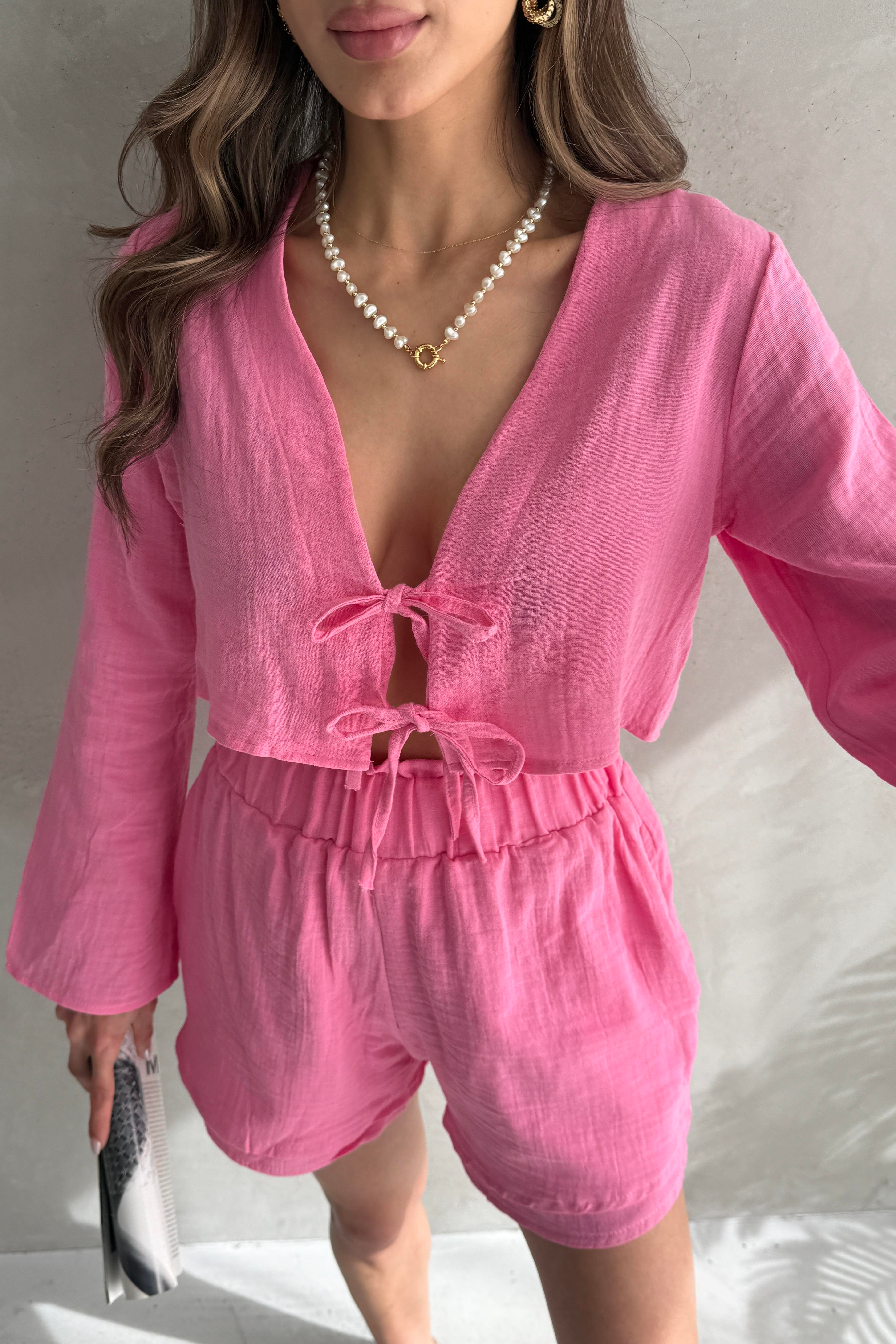 Fiyonk Detaylı Pembe Crop Bluz