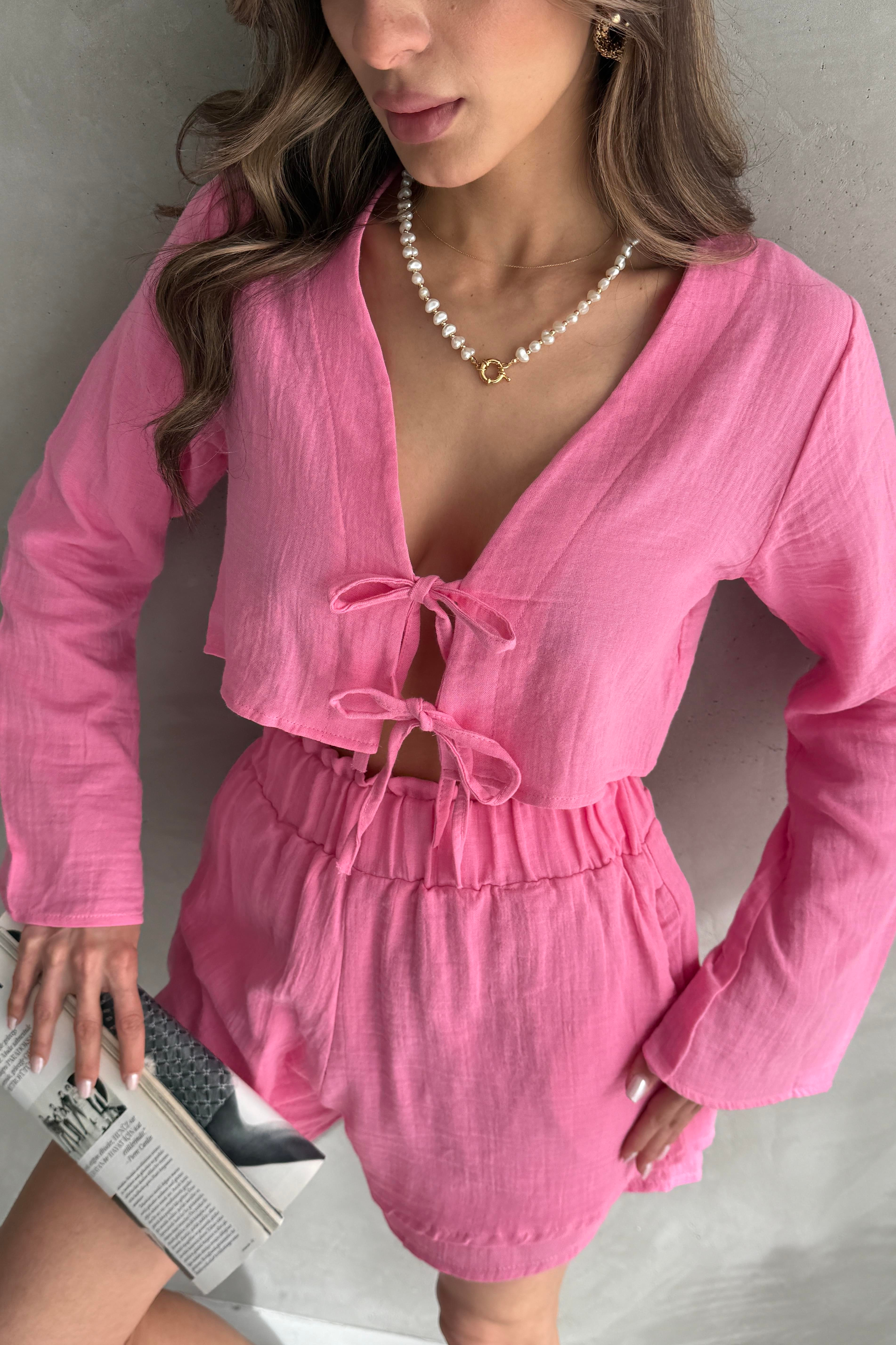 Fiyonk Detaylı Pembe Crop Bluz