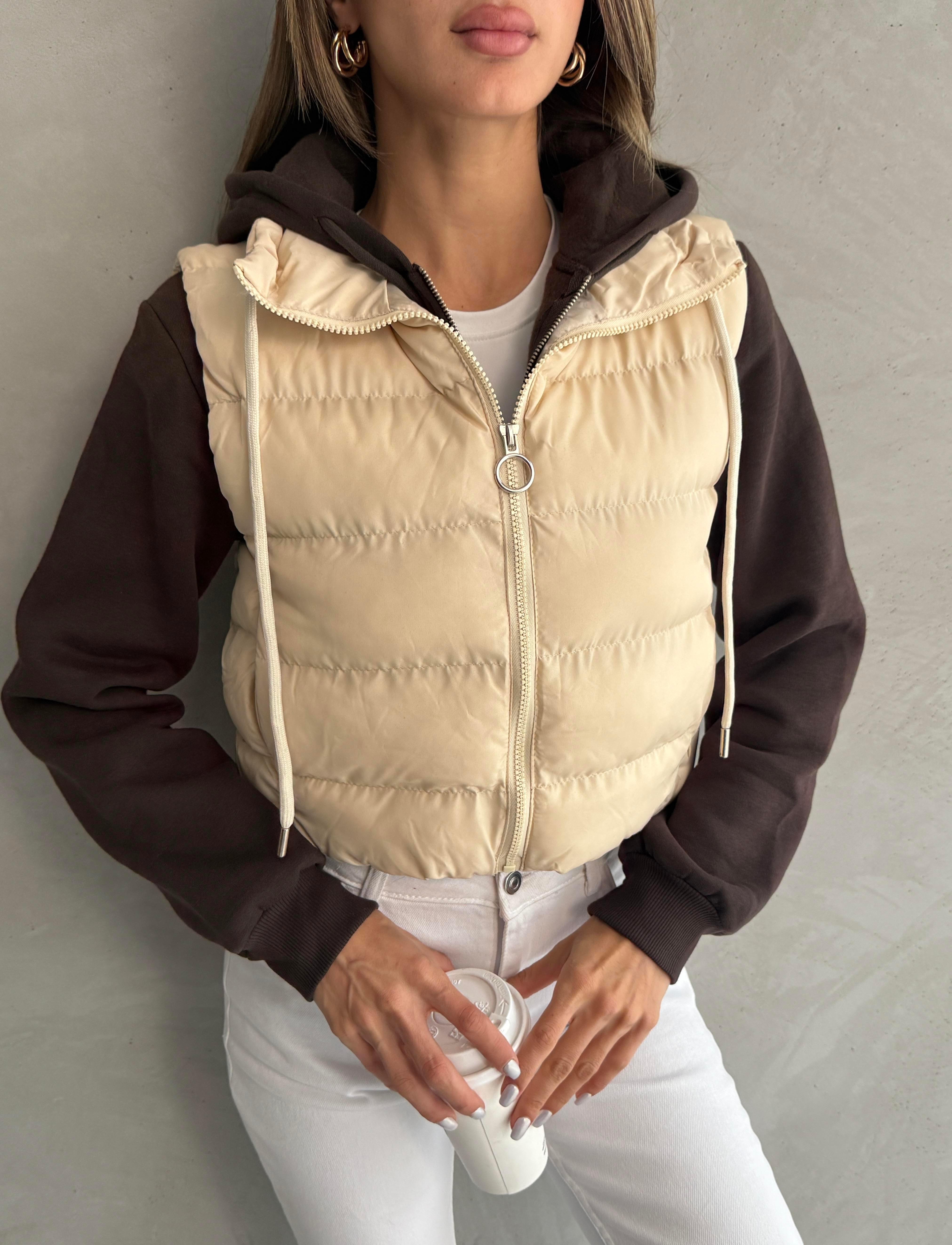 Gizli Fermuar Cepli Dİk Yaka Bej Crop Yelek