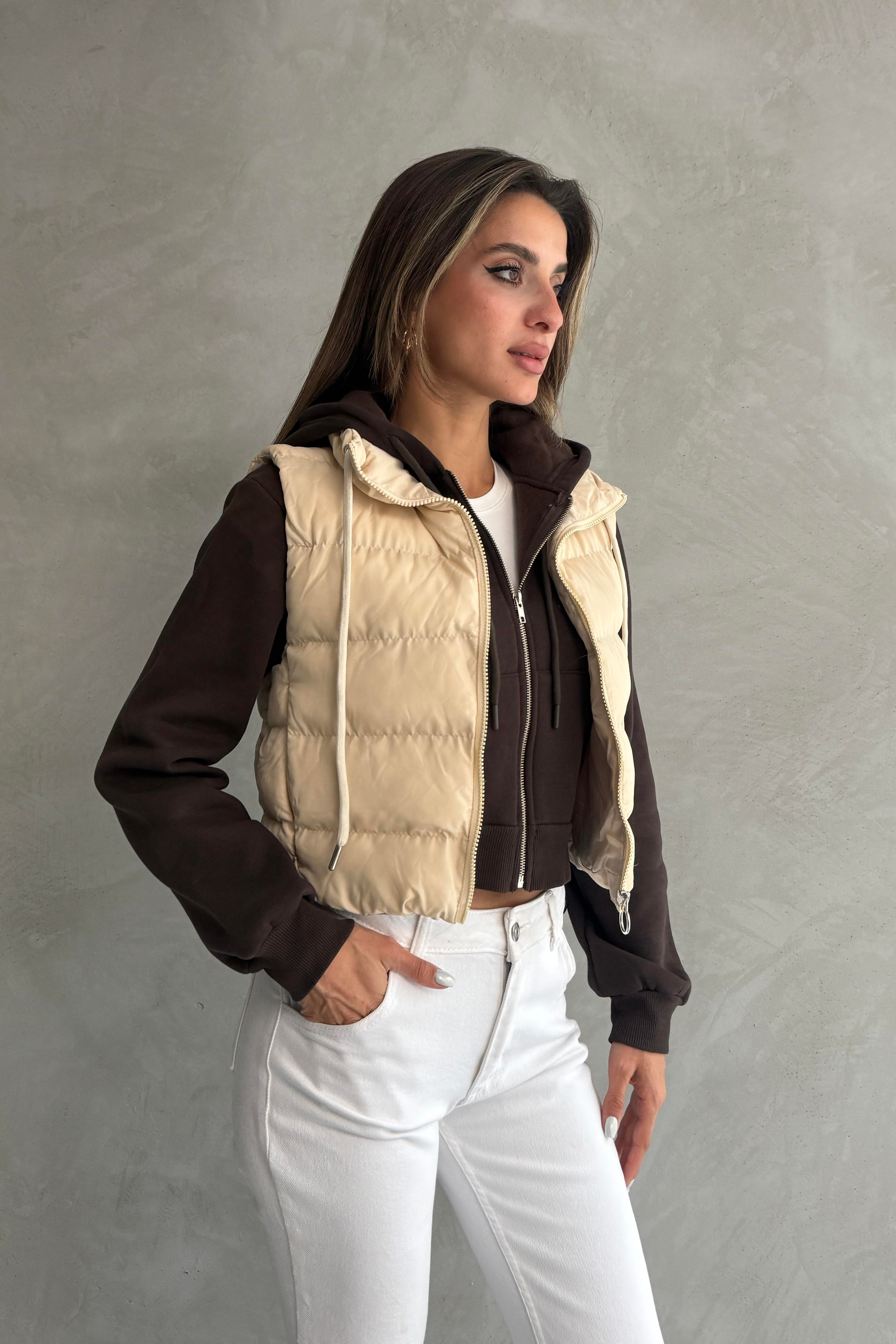Gizli Fermuar Cepli Dİk Yaka Bej Crop Yelek