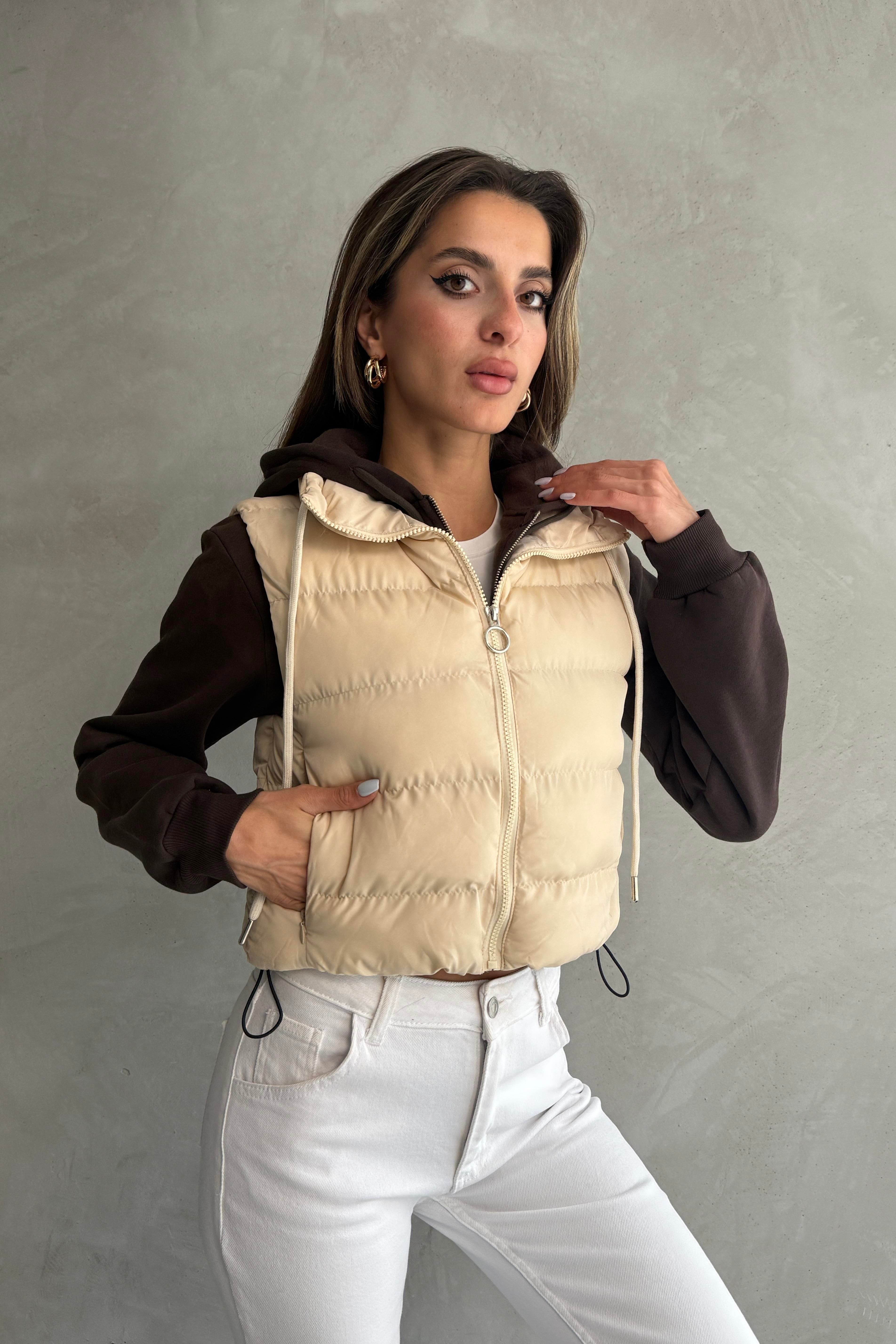 Gizli Fermuar Cepli Dİk Yaka Bej Crop Yelek