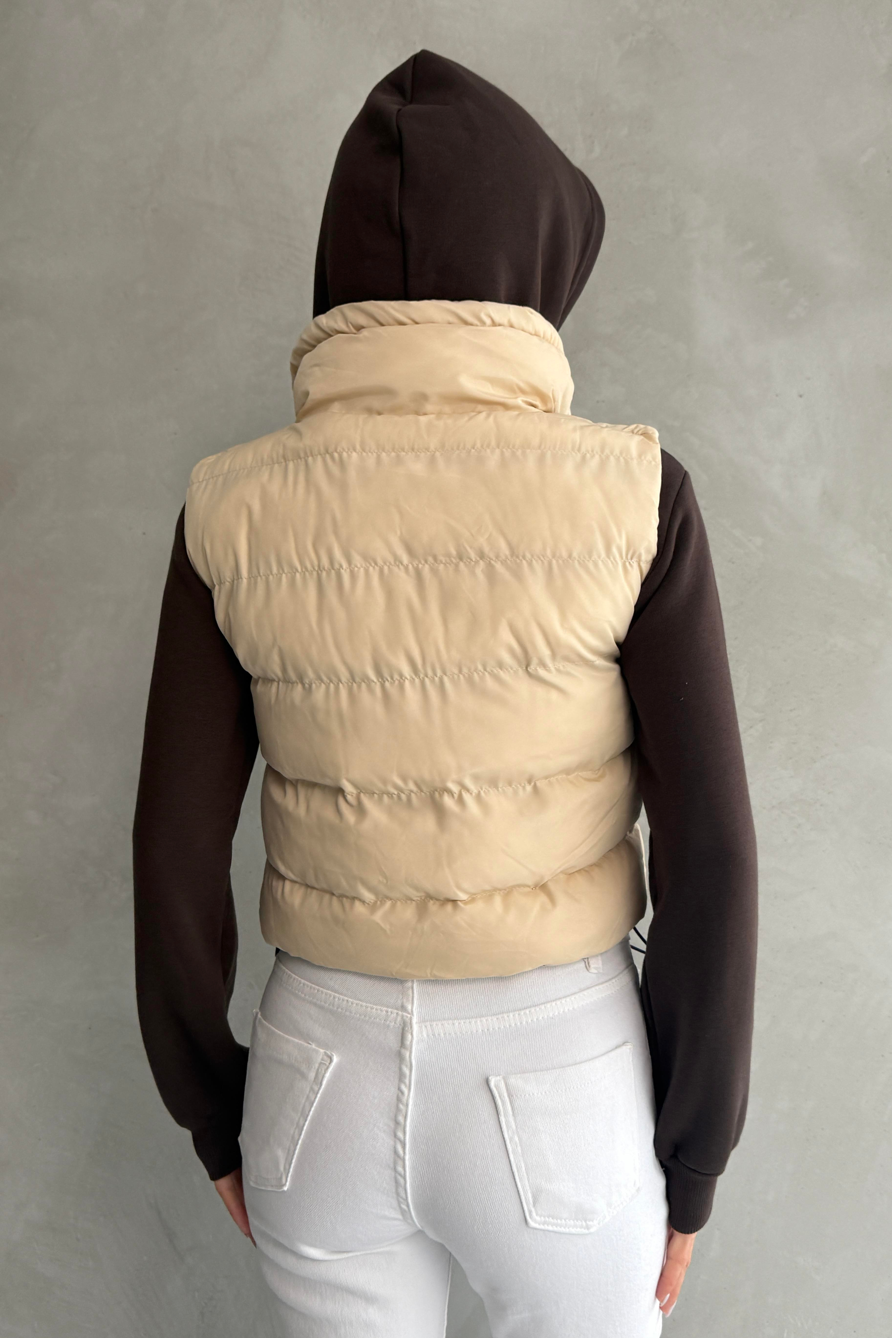 Gizli Fermuar Cepli Dİk Yaka Bej Crop Yelek