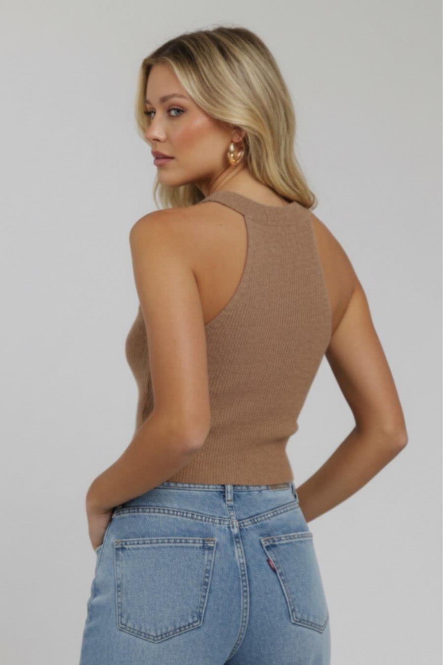 Halter Yaka Karamel Fitilli Sakallı Crop Top