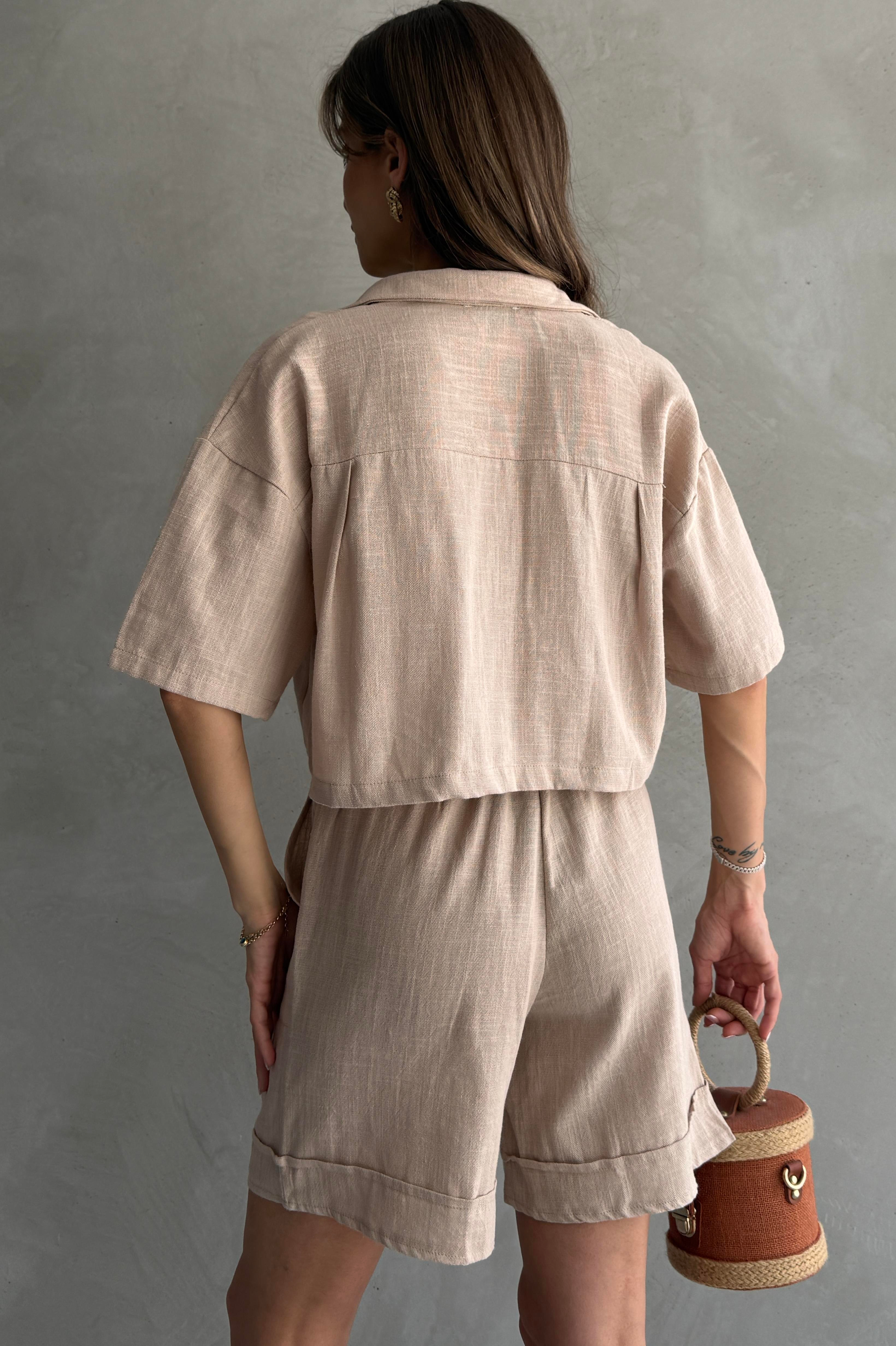Keten Crop Gömlek Short Takımı