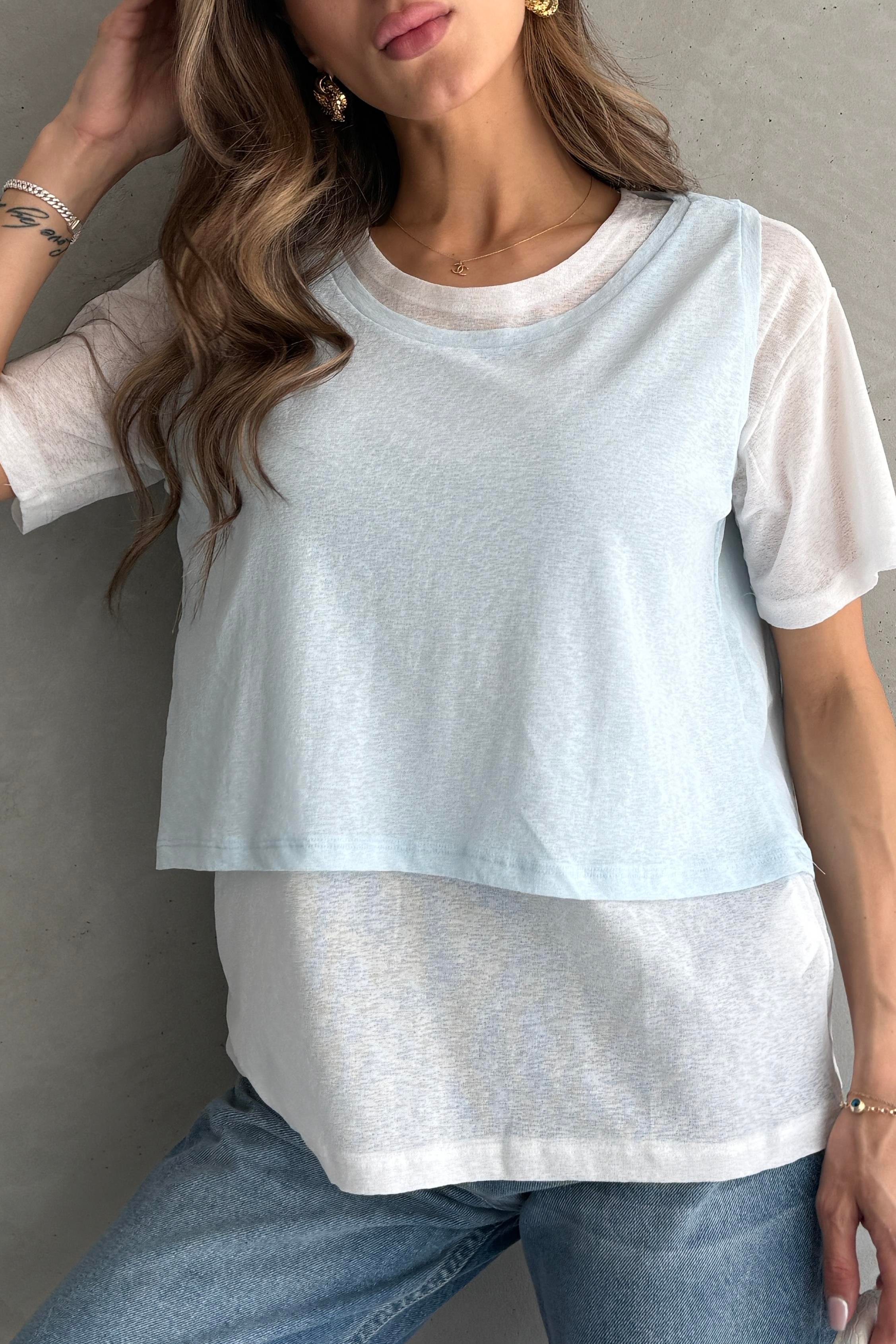 Kontrast İkili Görünümlü Bol Kesim Mavi T-shirt