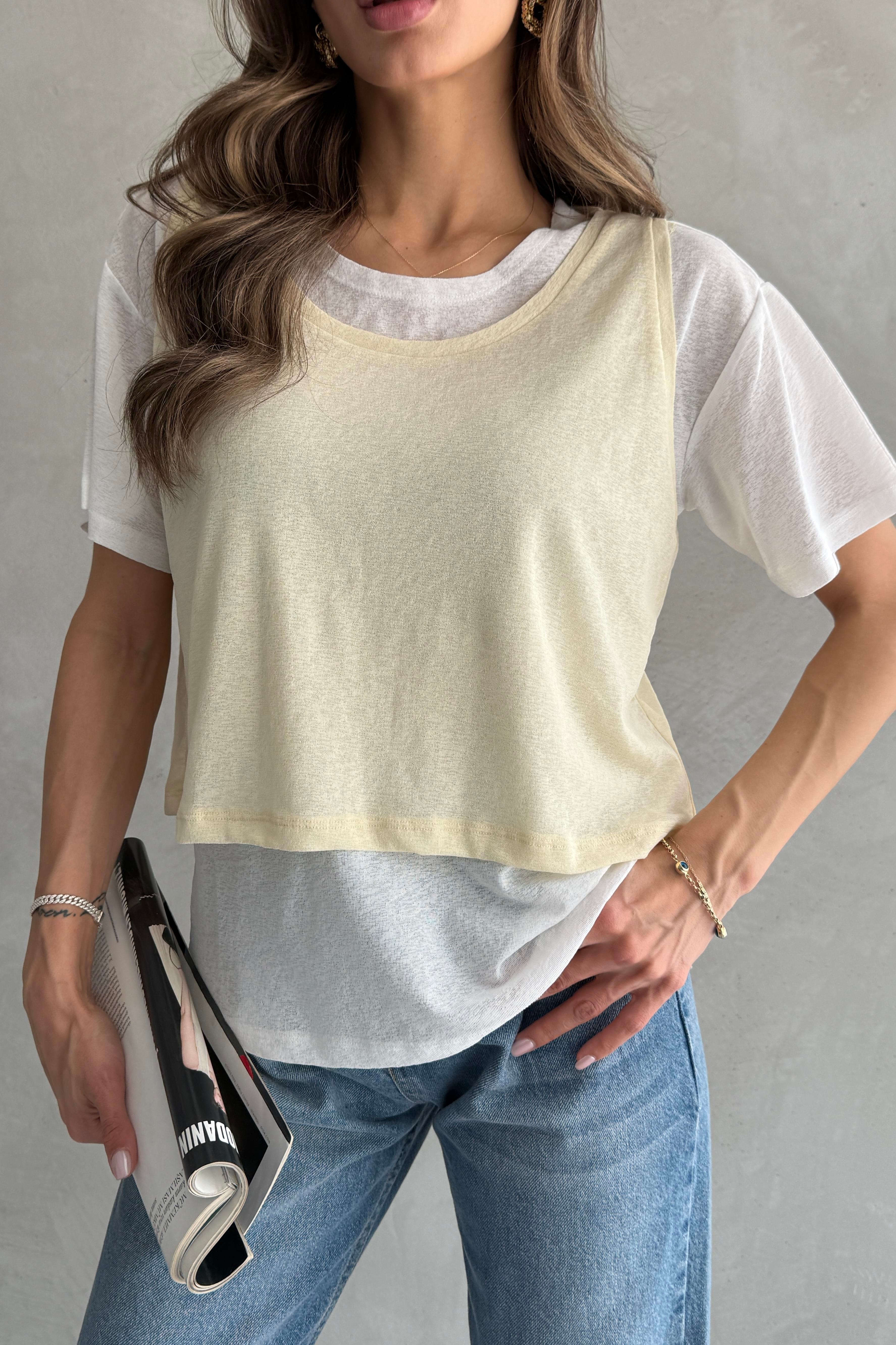 Kontrast İkili Görünümlü Bol Kesim Sarı T-shirt