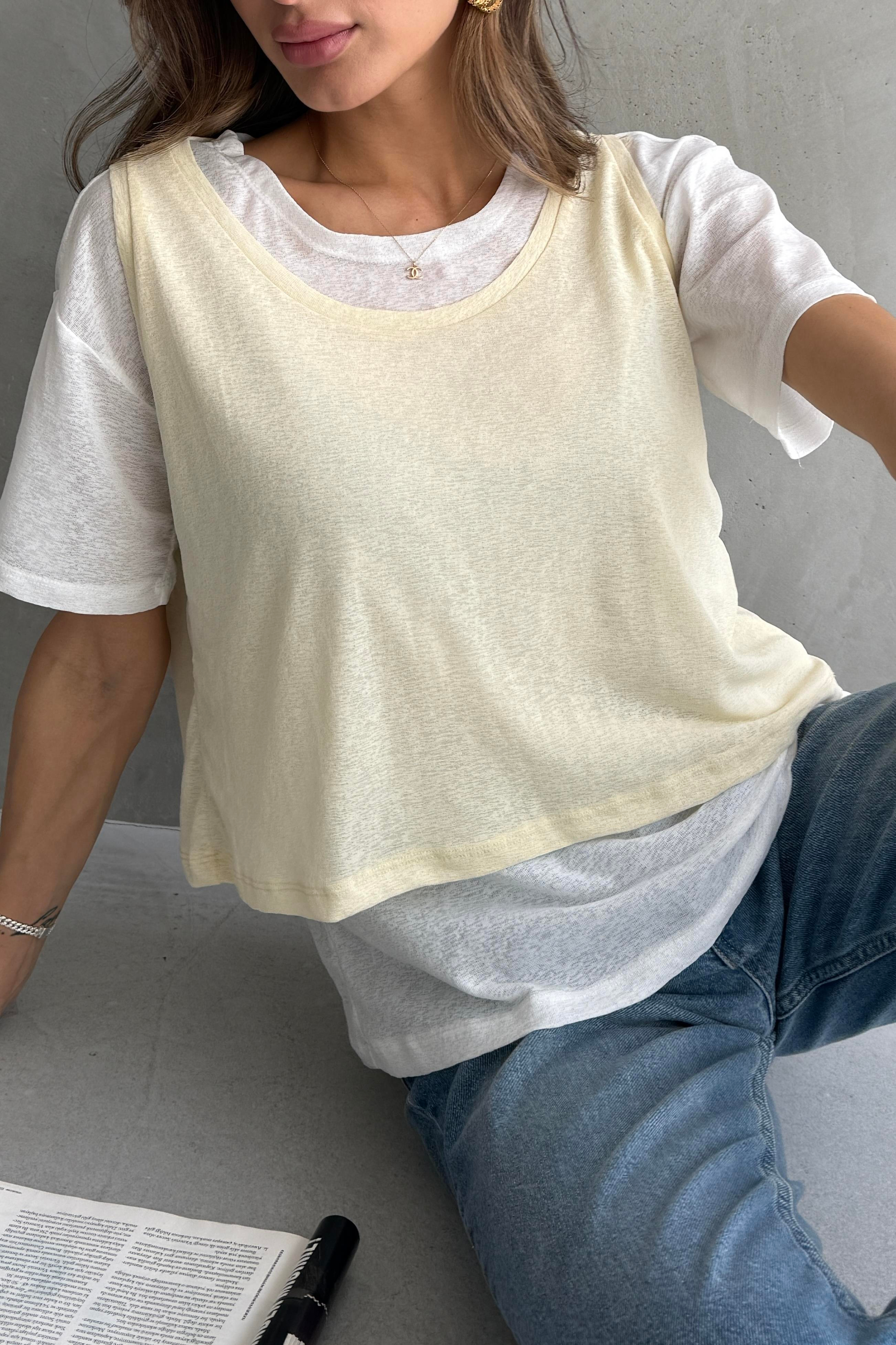 Kontrast İkili Görünümlü Bol Kesim Sarı T-shirt