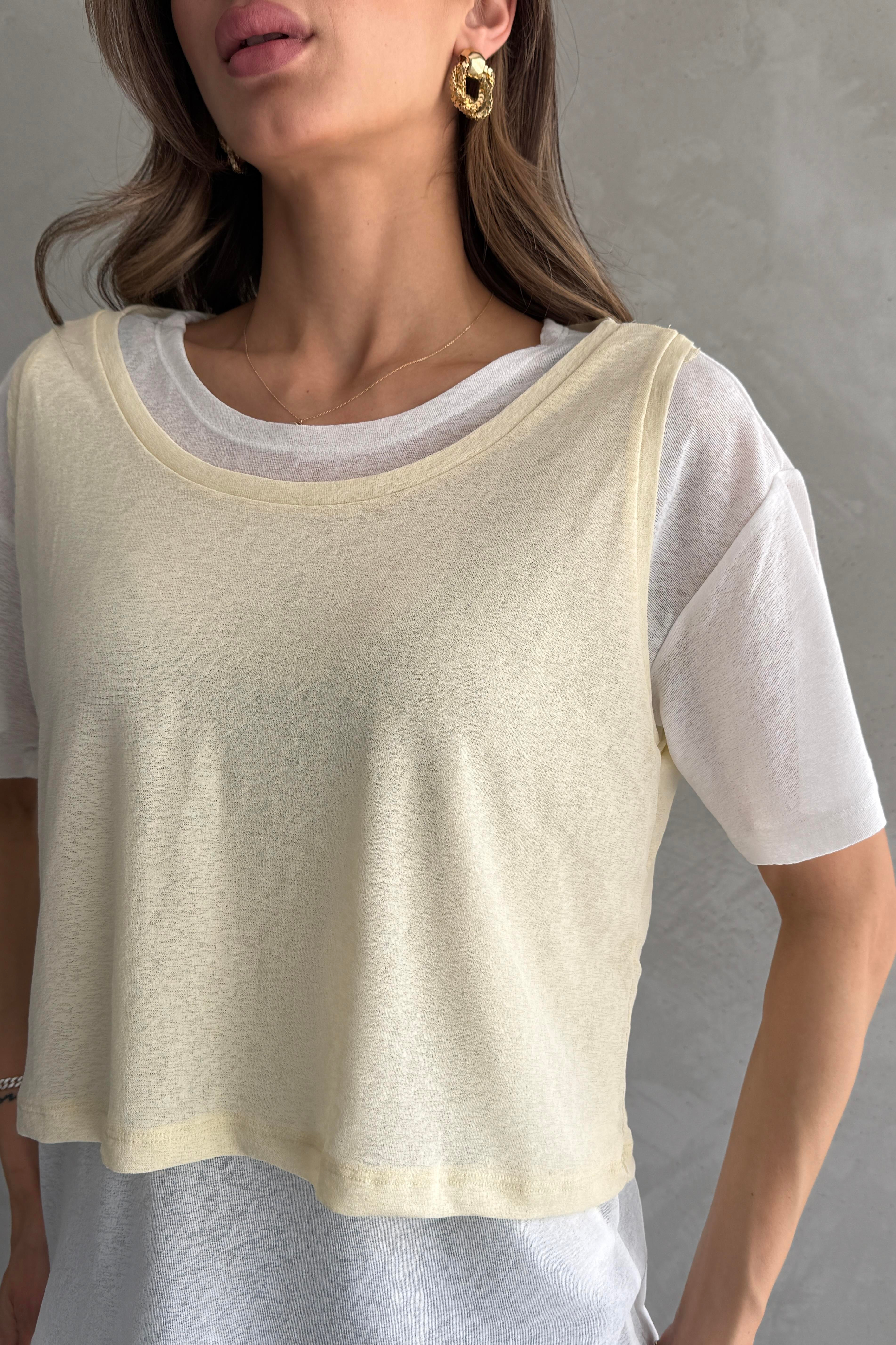 Kontrast İkili Görünümlü Bol Kesim Sarı T-shirt