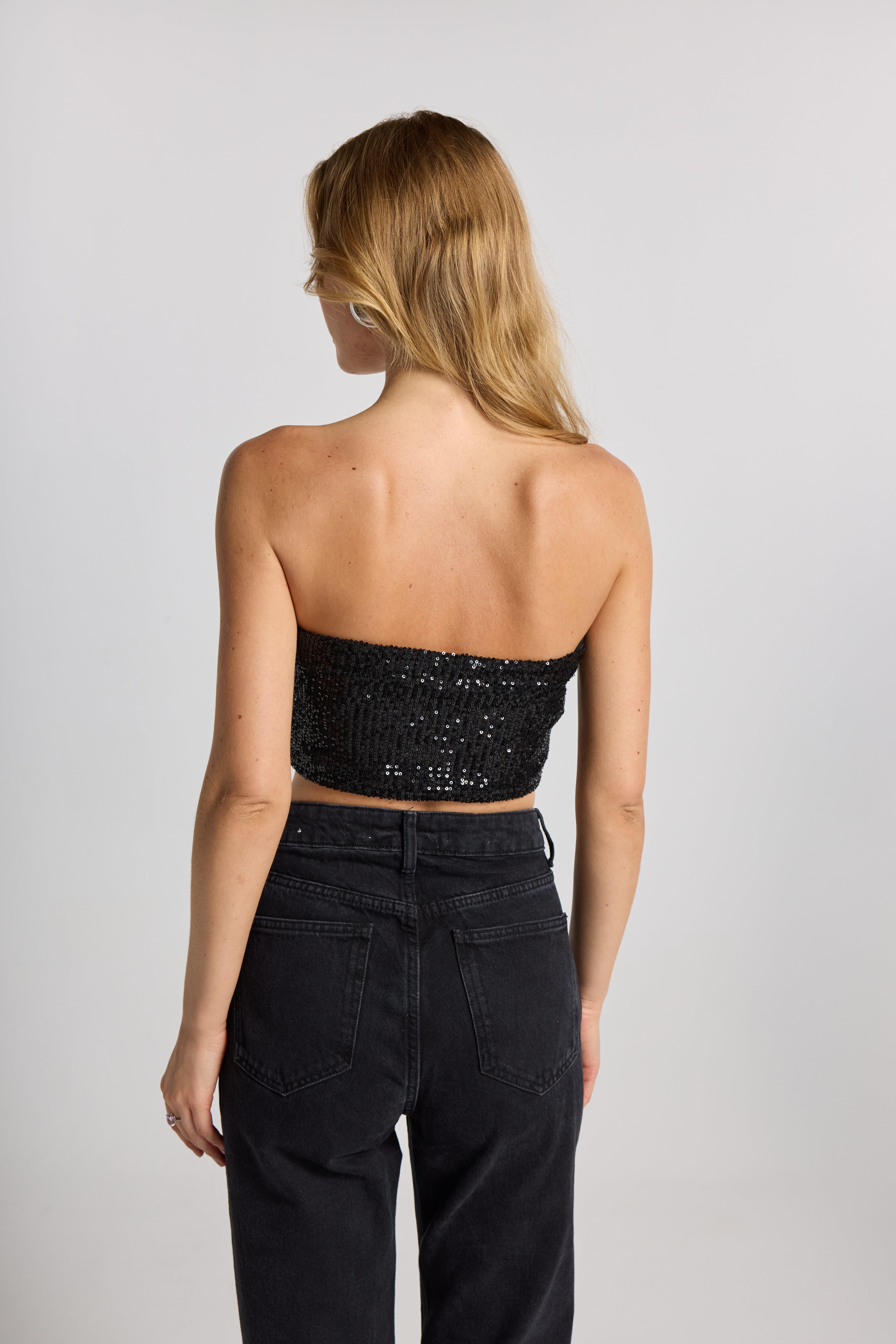 Straplez Crop Siyah Pullu Parti Top