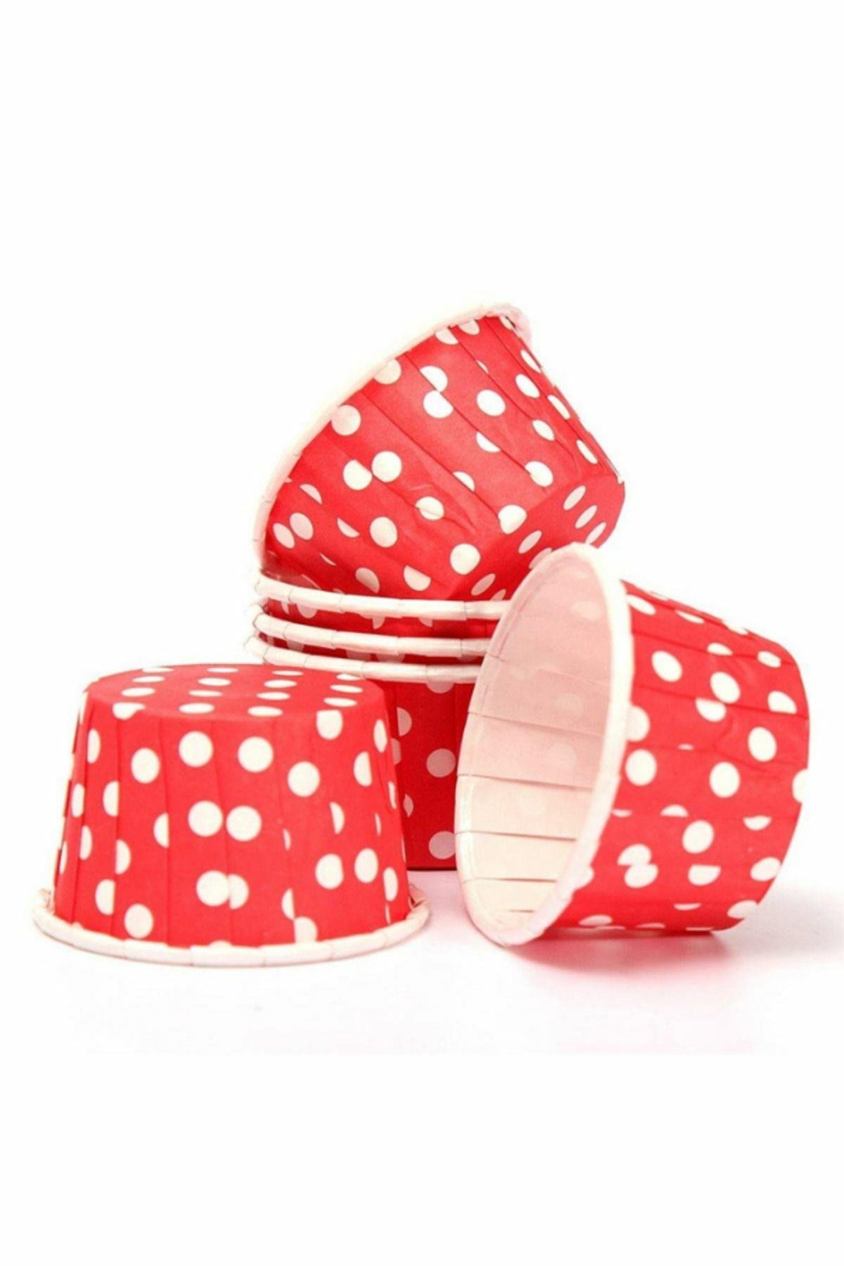 Kırmızı Puantiyeli Muffin Kağıt Kapsül 25 Adet 50x39 Mm