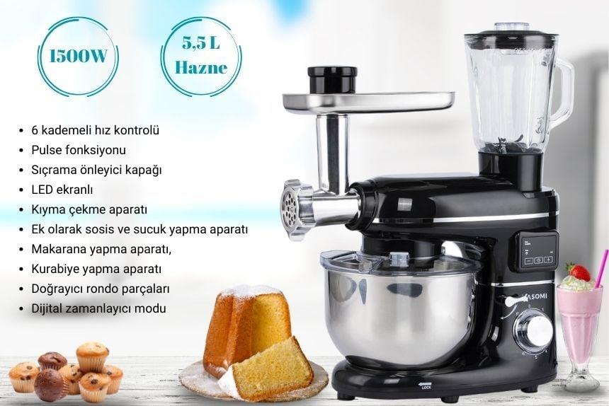 Yasomi Sm 1504bml Siyah Led Ekranlı Kıyma Çekme Aparatlı Blender Stand Mikser Mutfak Şefi 1500w