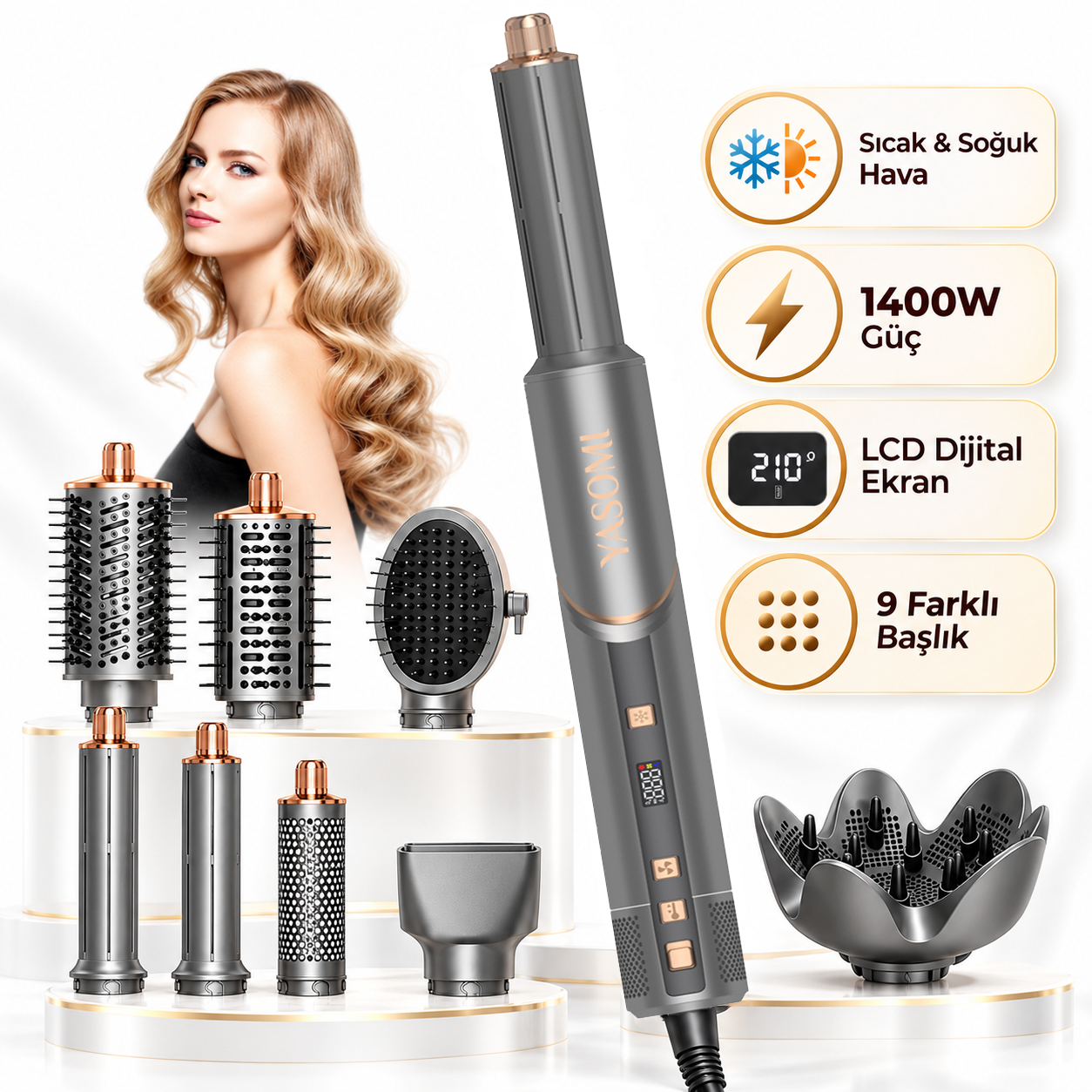 Yasomi Witero 9in1 Ultra Multi-Styler Dijital Ekran Sıcak-Soğuk Hava Saç Şekillendirme Cihazı