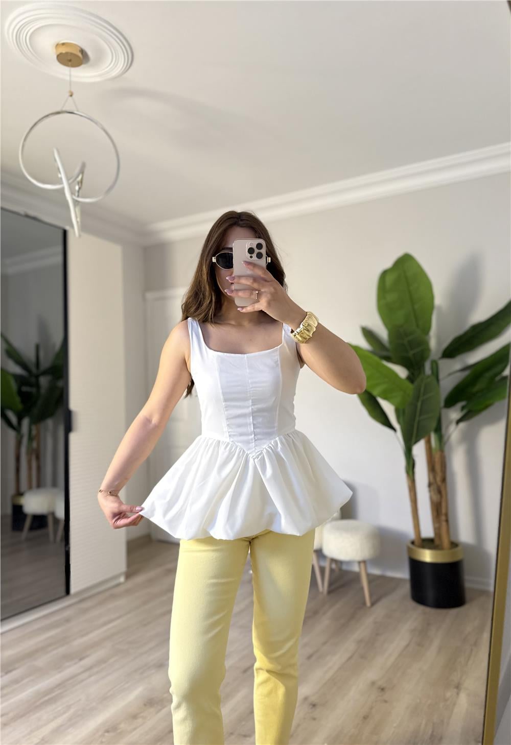 Askılı poplin balon bluz-BEYAZ