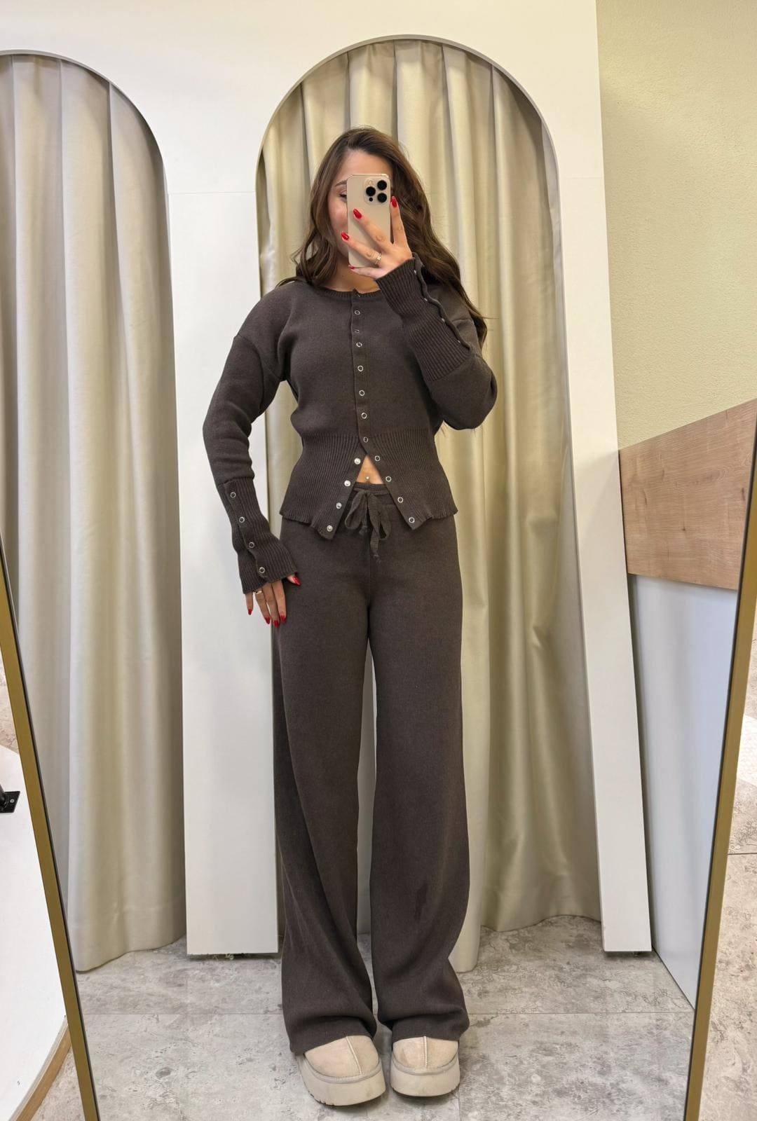 Bella Çıtçıtlı Triko Takım Kahve