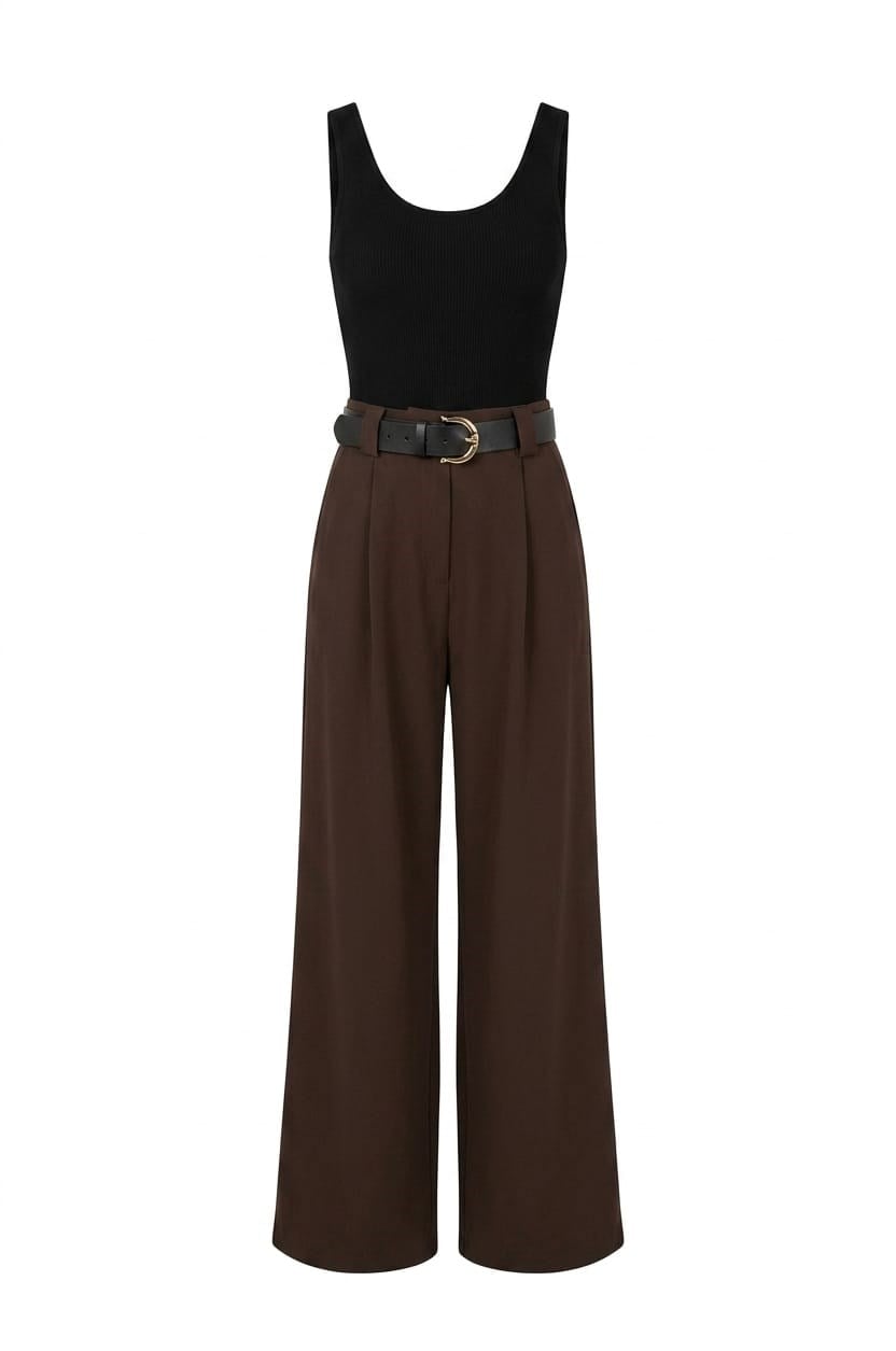 Blush Kahve Pantolonlu Kemerli Tulum