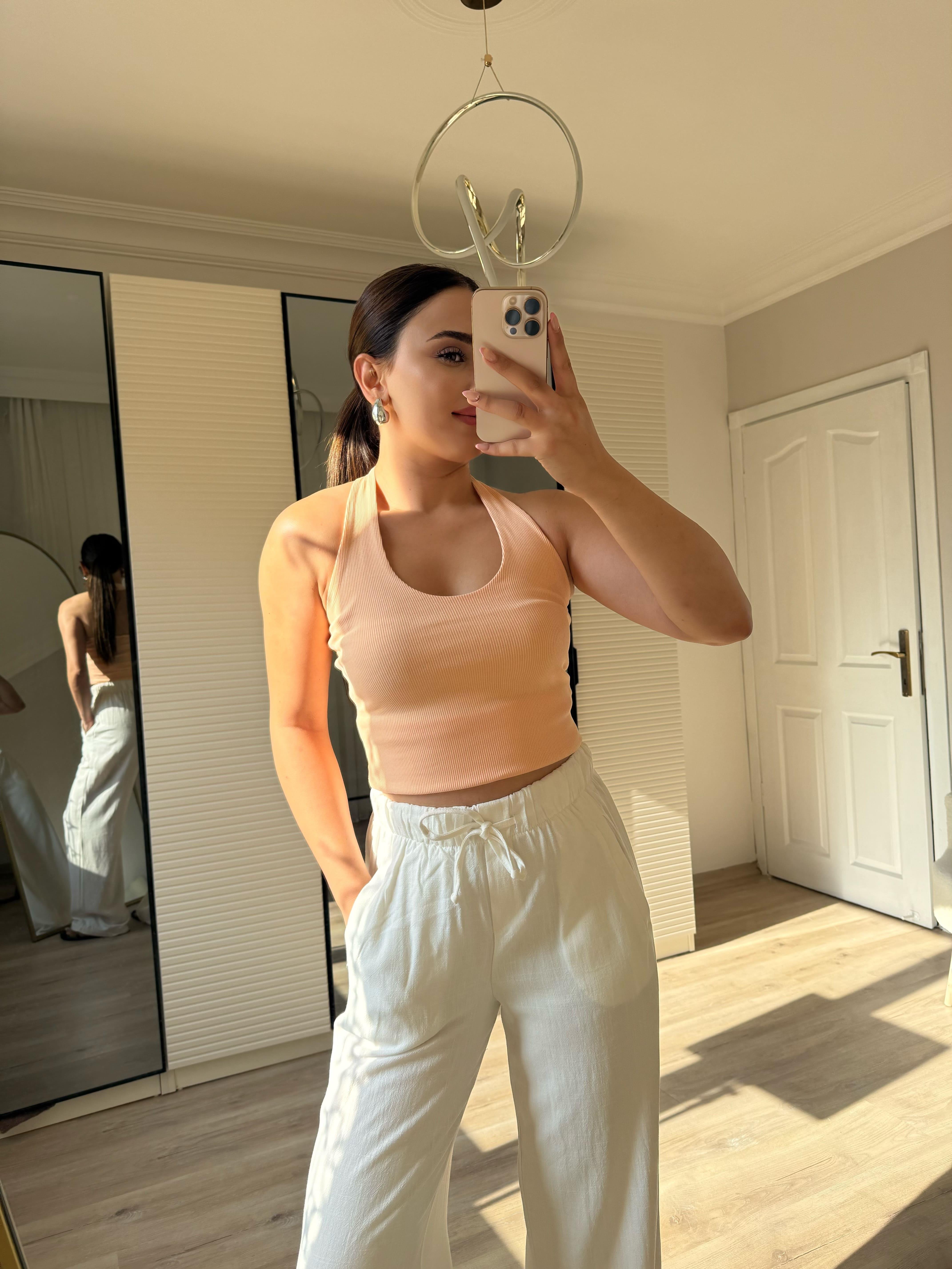 Boyundan geçmeli fitilli bluz-Somon
