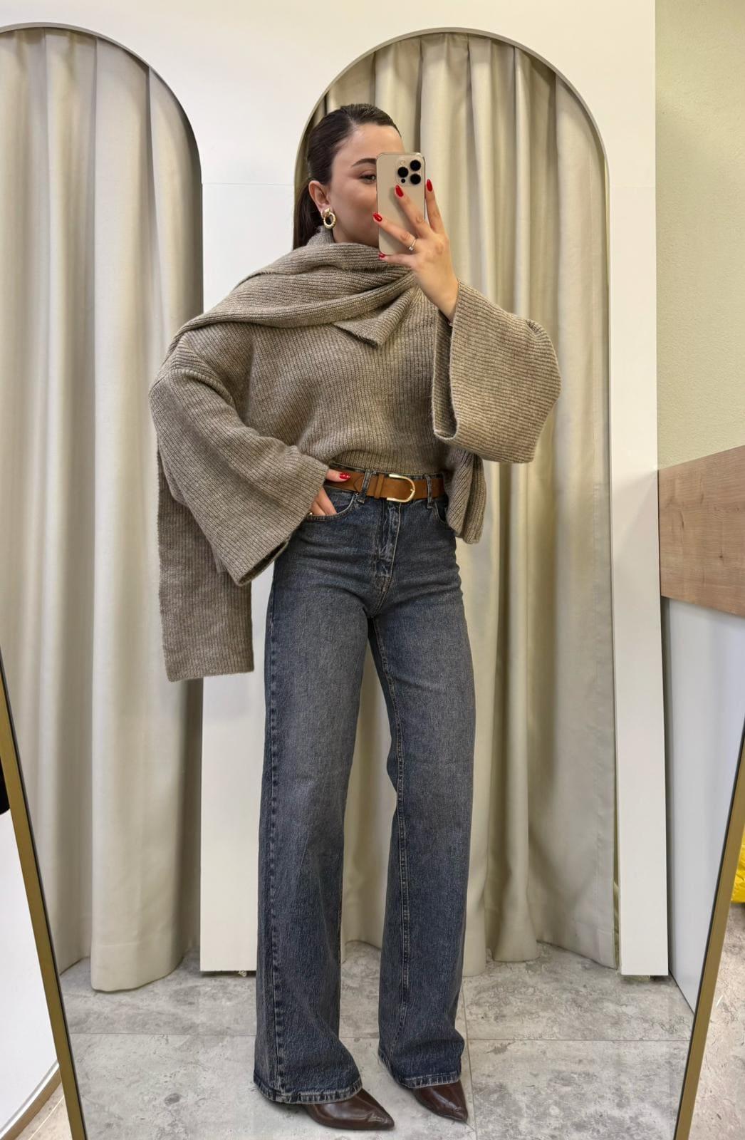Camel Süet Kemerli Likralı Boru Paça Jean