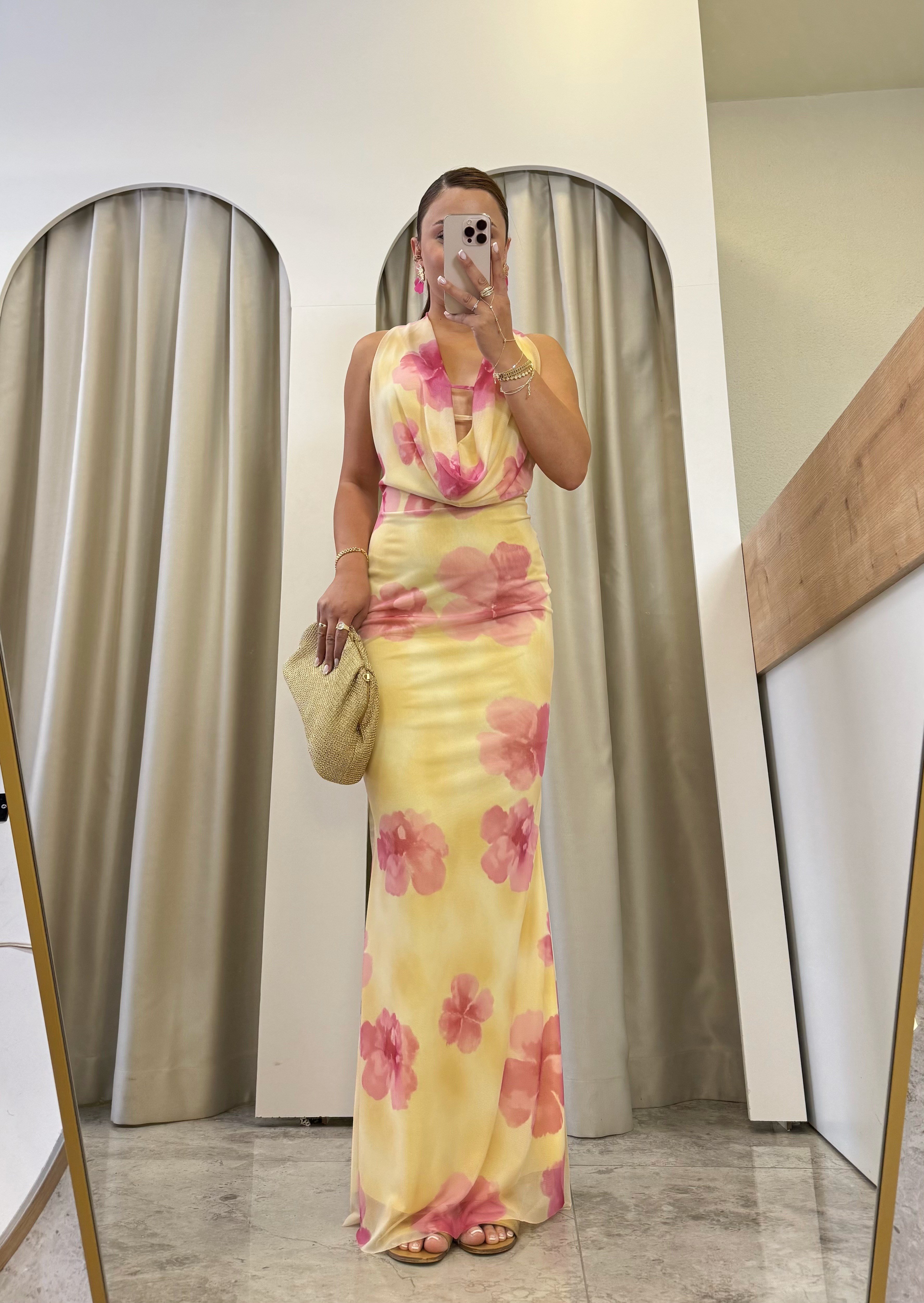 Flora Sarı Çİçek Baskı Tül Astarlı Elbise