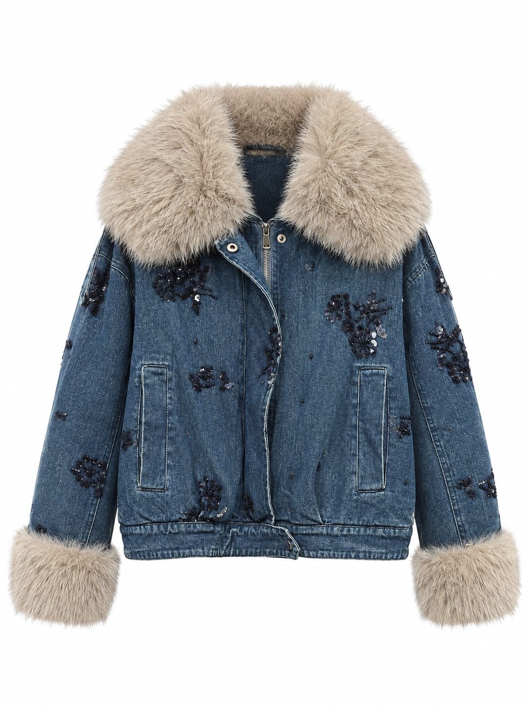 Forest Kürk Detaylı İşlemeli Denim Mont