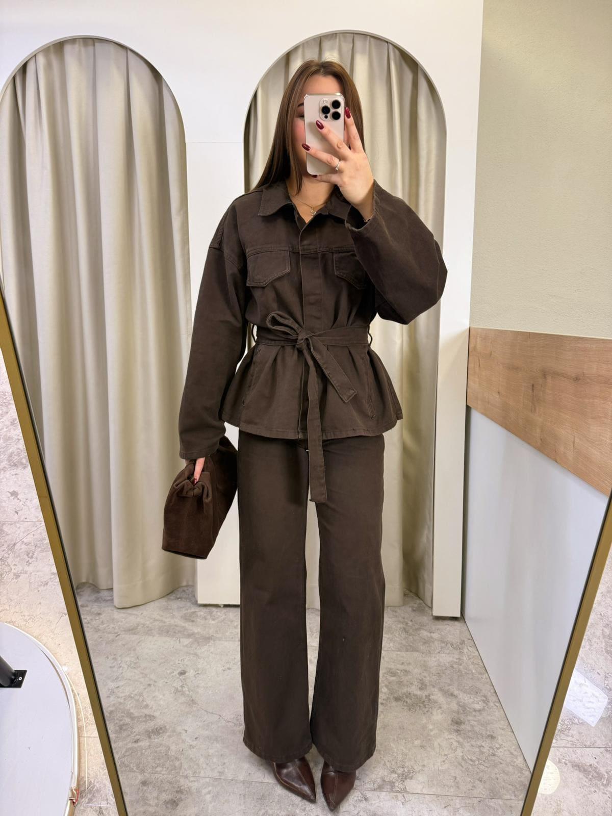 Kahve Denim Kuşaklı Takım