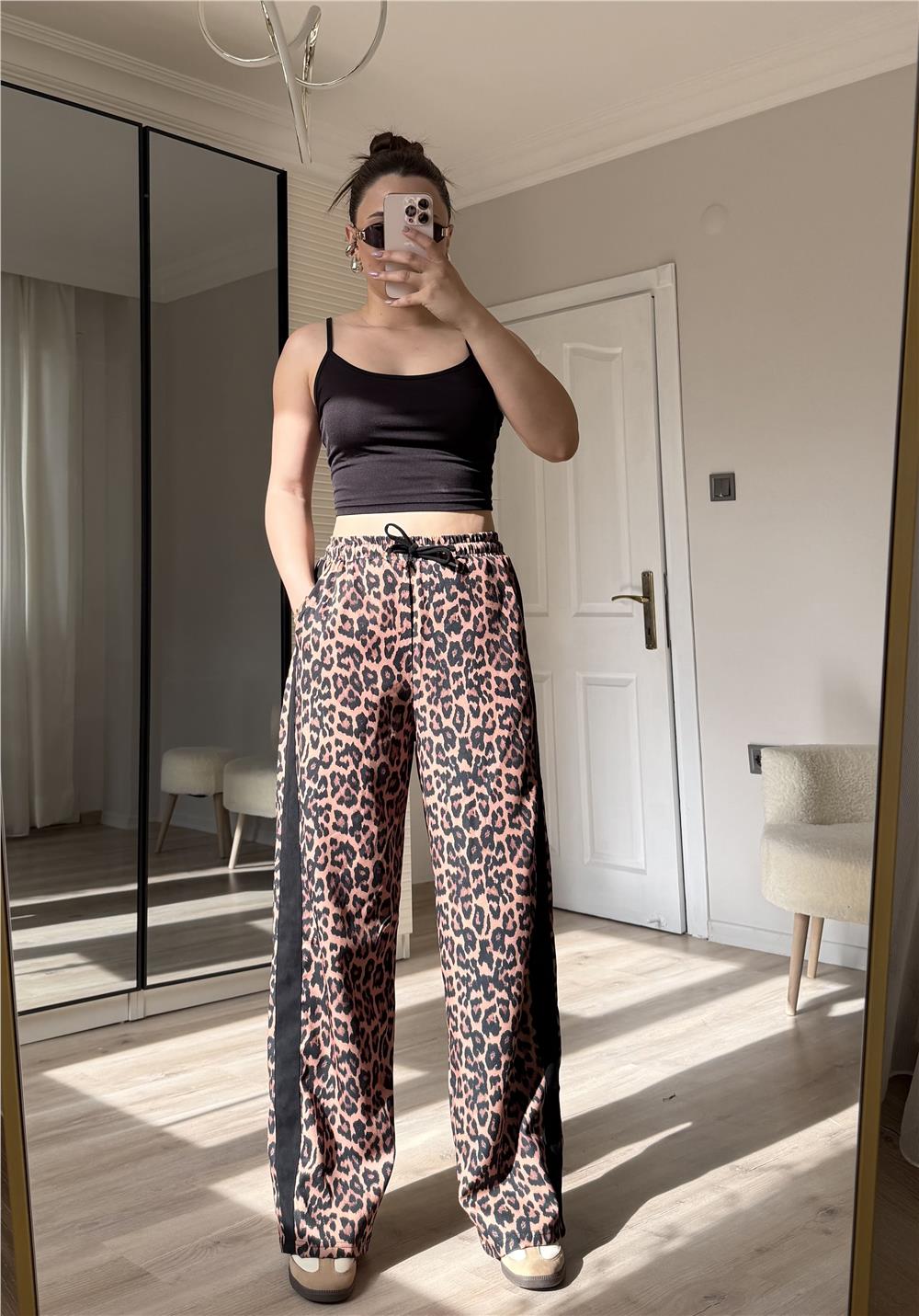 Leopar siyah şeritli pantolon