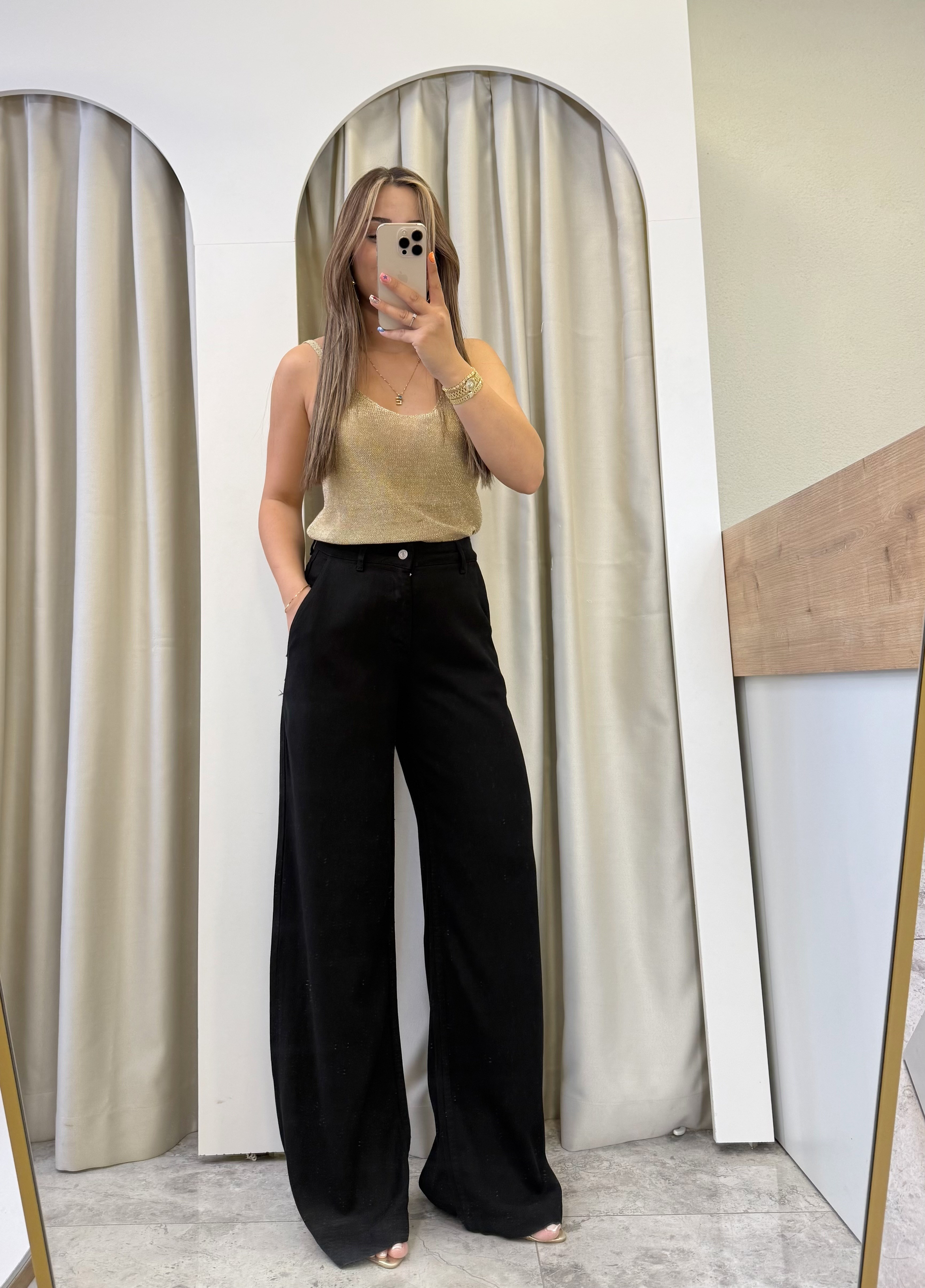 Lucca Siyah Wide Leg Tensel Denim Pantolon