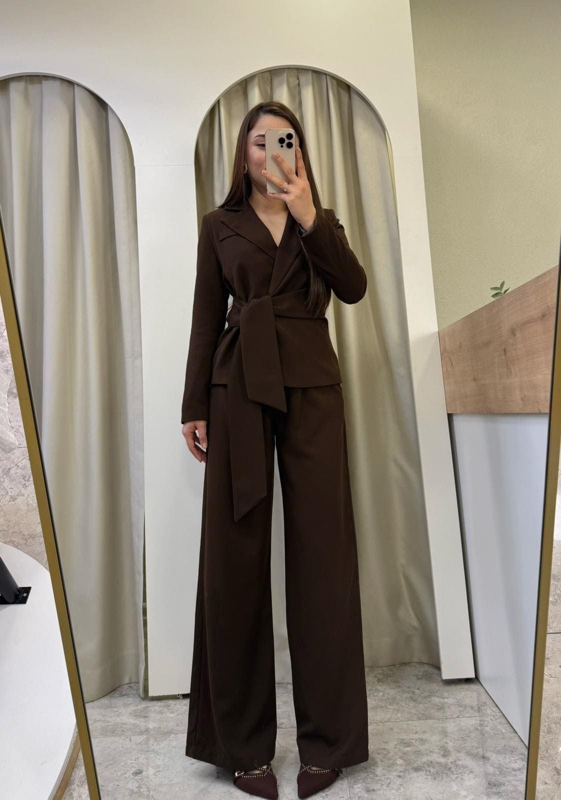 Melina Kahve Bağlamalı Blazer Takım
