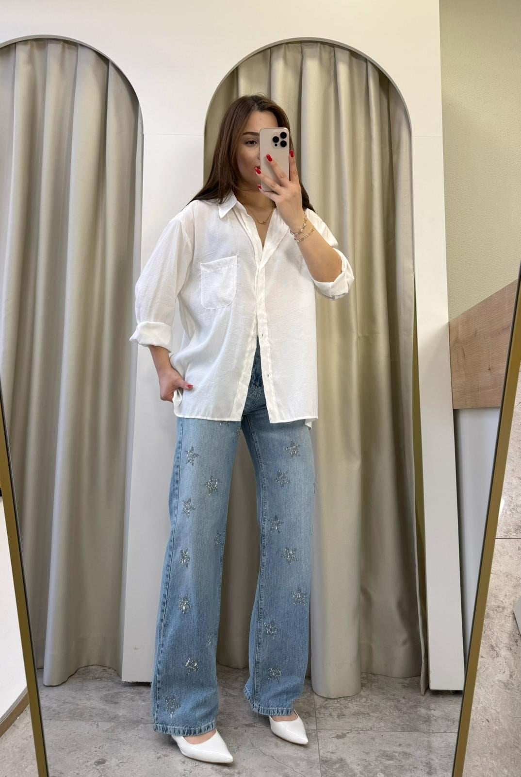 Muse Beyaz Tensel Oversize Gömlek