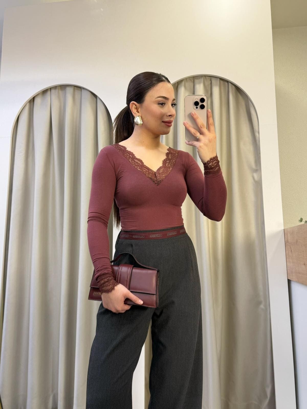 Orj Marka Dantelli Kaşmir Bluz Bordo