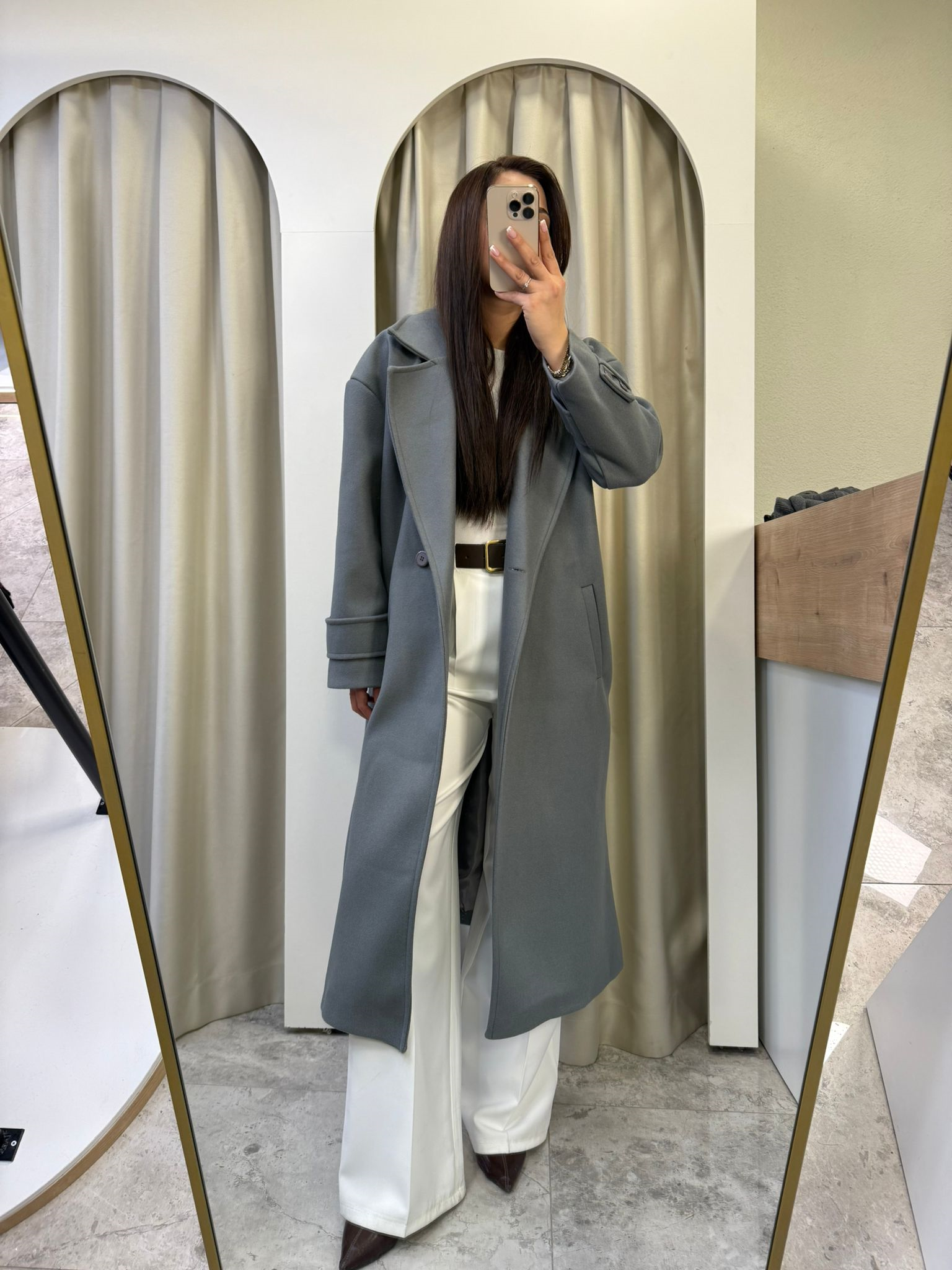 Oversize Astarlı Gri Kaşe Kaban