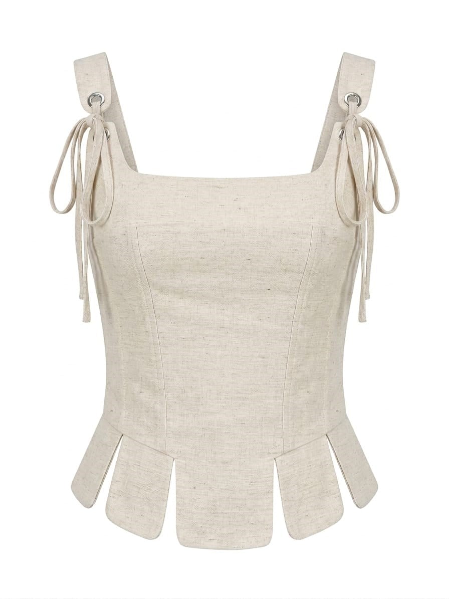 Ribbon Natural Keten Dilimli Korse Bluz