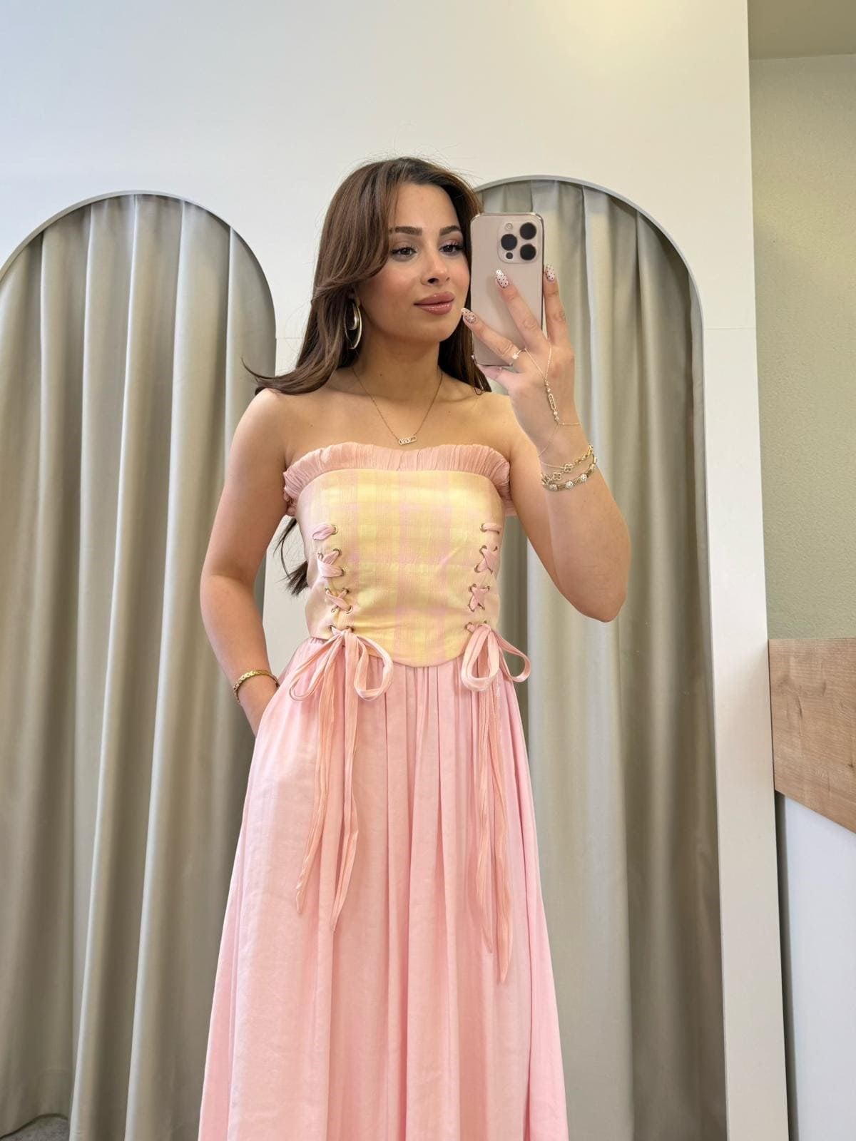 Siesta Pembe Ekose Desen Korse