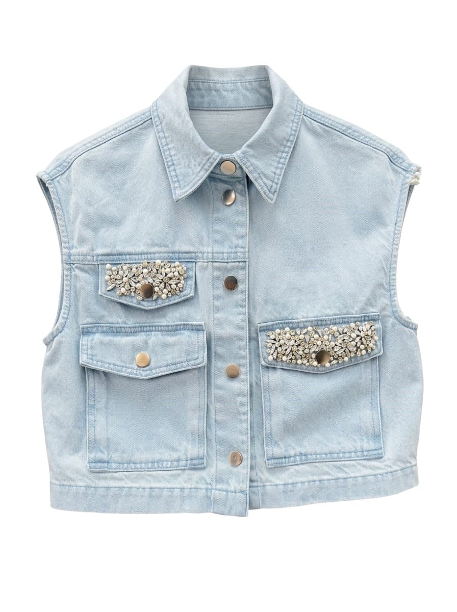 Solana Taşlı Marka Model Denim Yelek